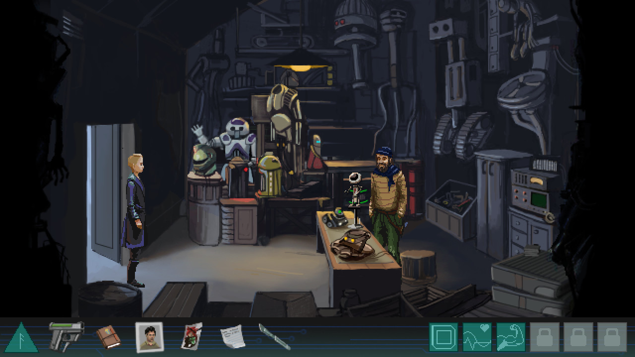 Vera speaks with a worker in a machinery-filled room.