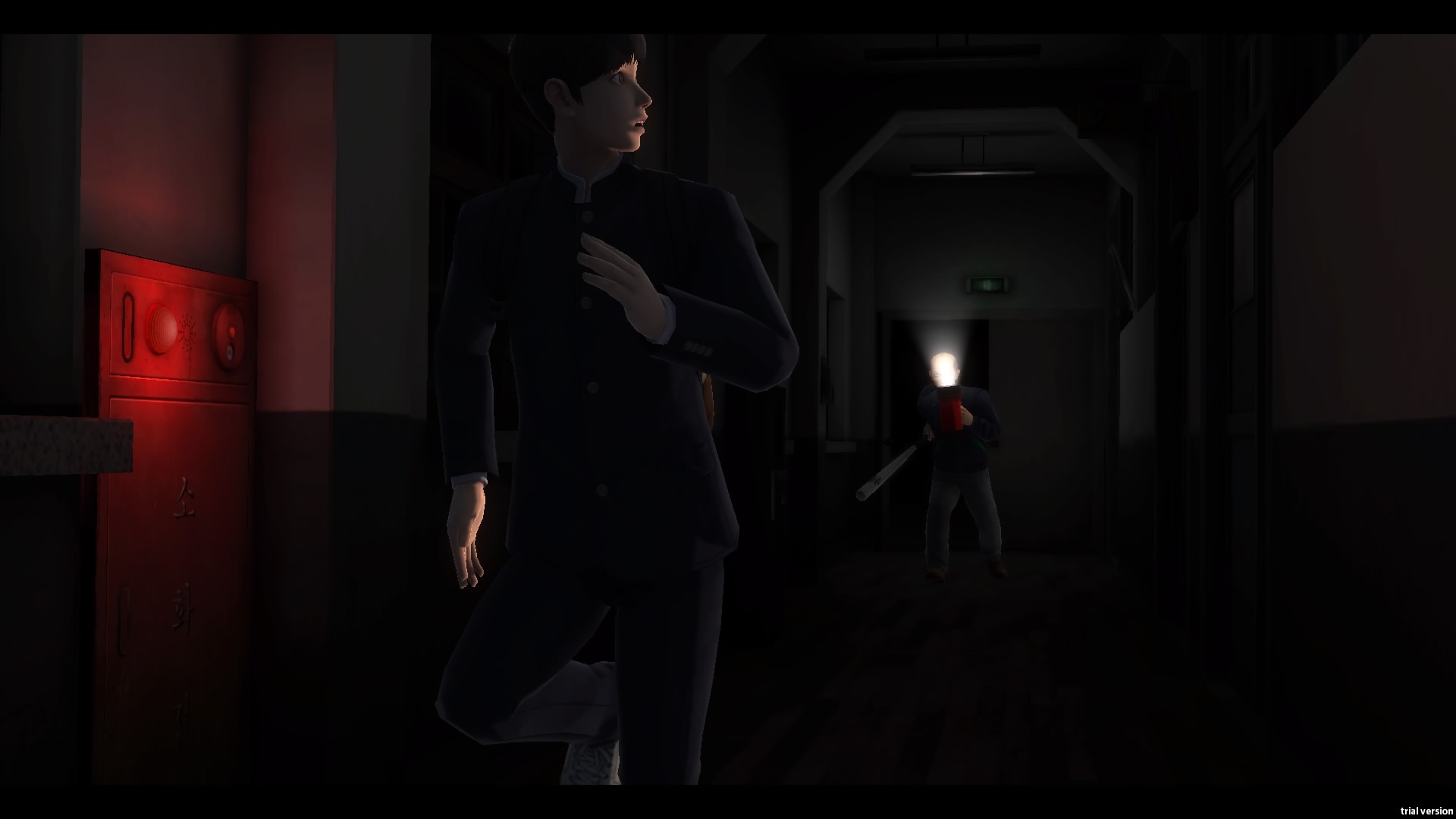Hee-min flees a figure carrying a light down a dark school corridor.