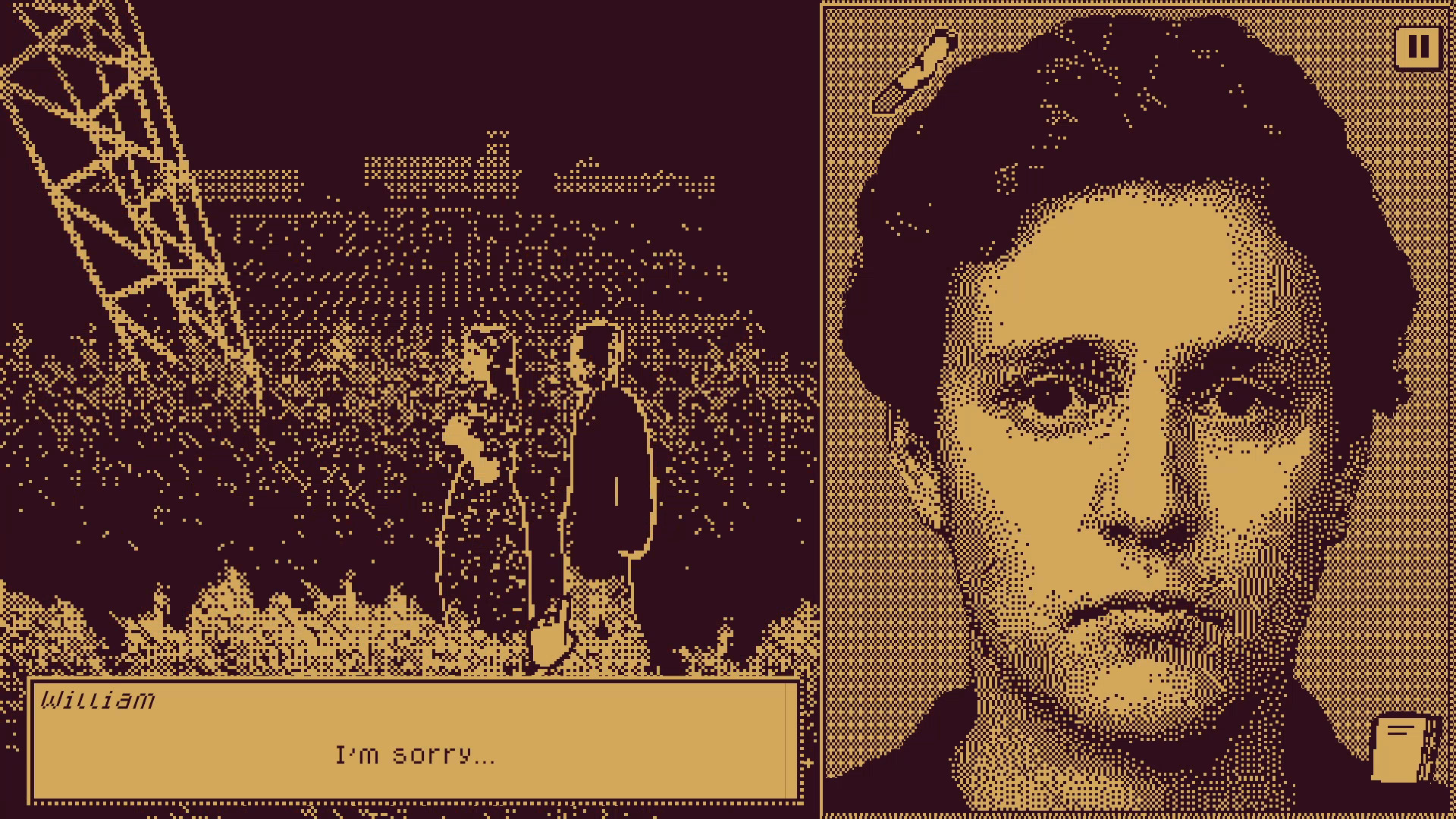 William's face appears beside a dark scene as another character speaks.