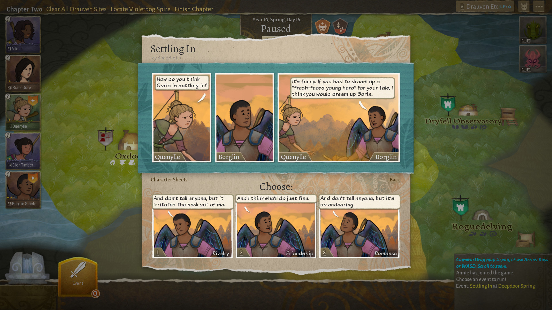 A comic-panel story choice appears over a campaign map.