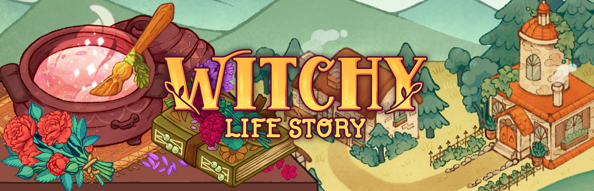 Official Steam library artwork places the Witchy Life Story title beside a cauldron, flowers and a village house.