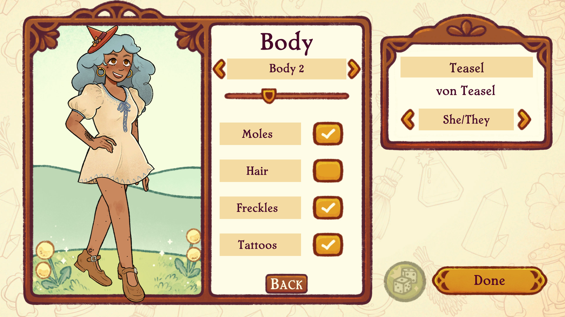 The character creator shows a customized von Teasel witch and pronoun selection.
