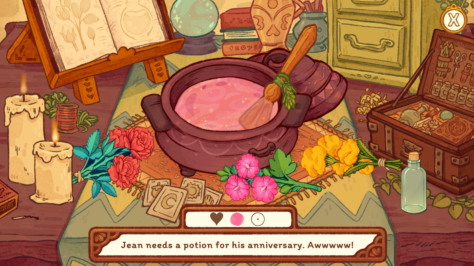 Flowers, a spellbook and a cauldron surround a potion being prepared.
