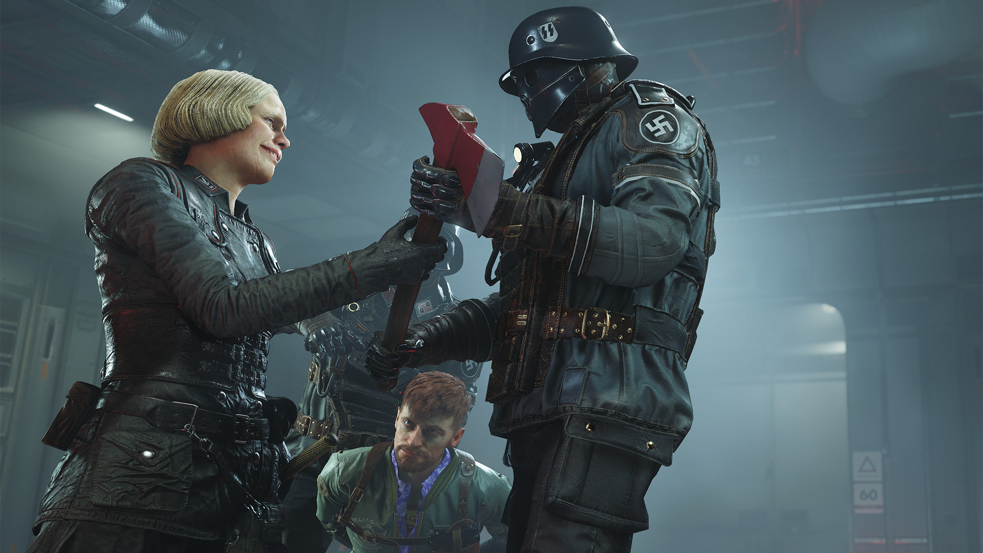 A resistance fighter confronts a uniformed soldier.