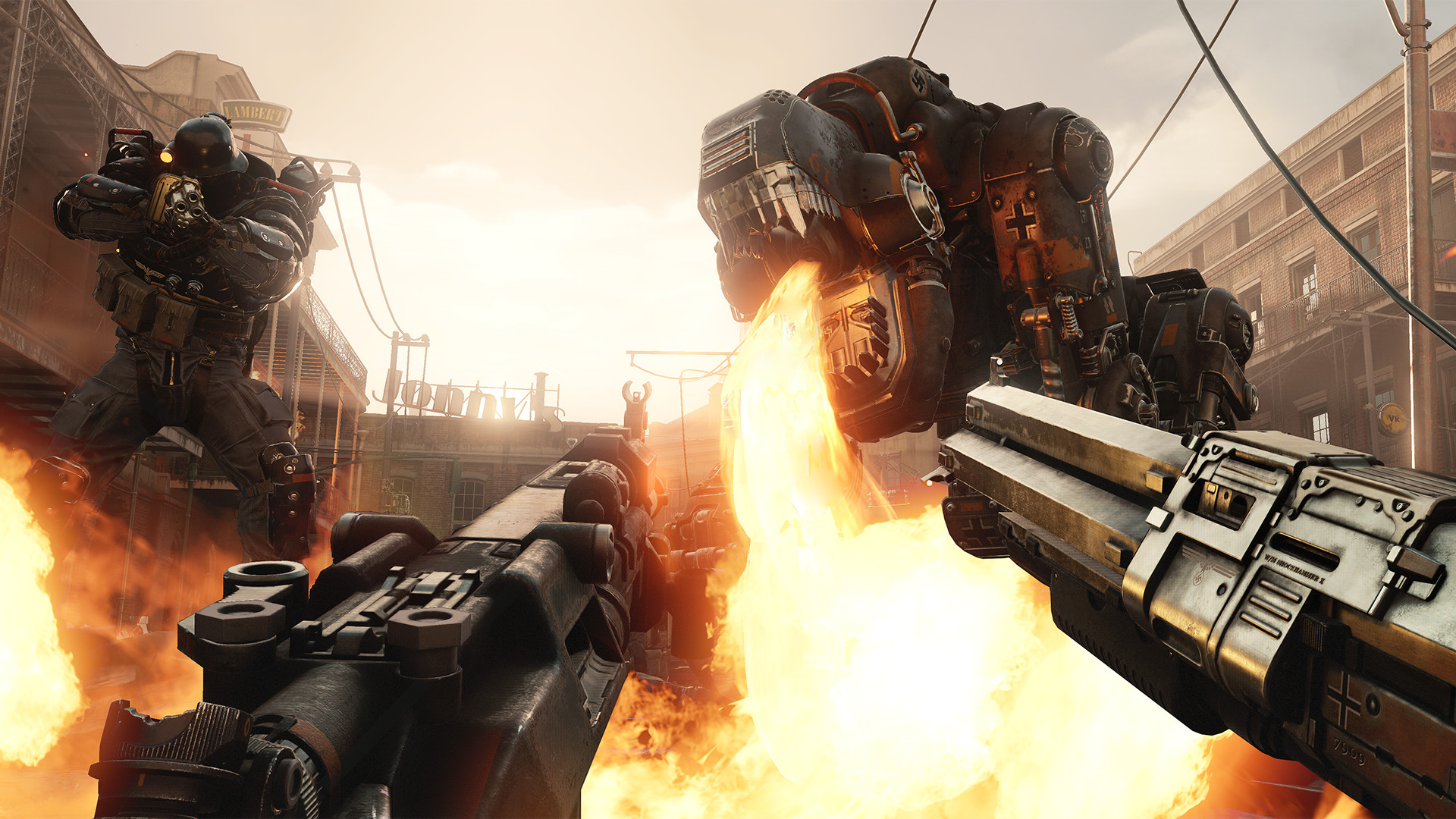 B.J. fires at a heavy mechanical enemy in a city street.