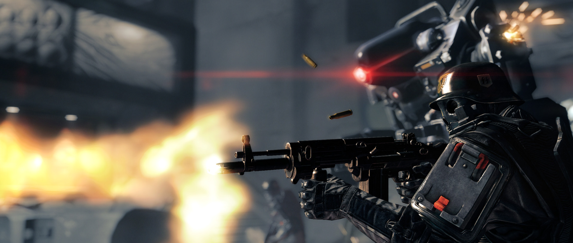 An armored soldier fires during a combat encounter.