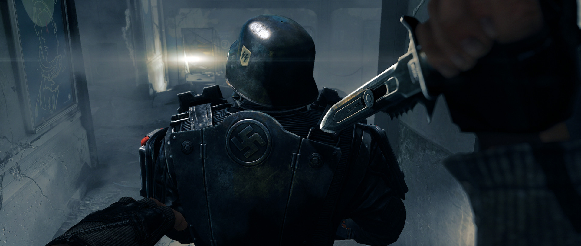 A close-range struggle with an armored enemy in a corridor.
