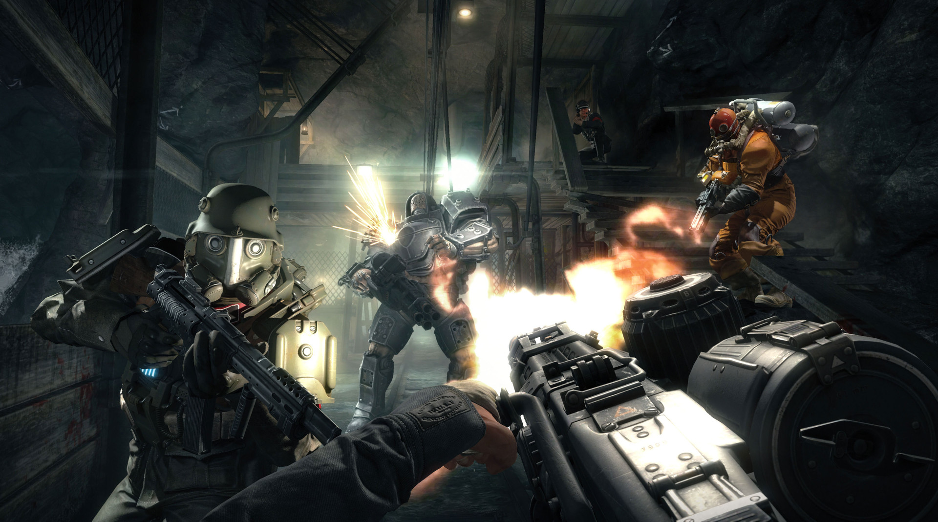 B.J. fires on armoured soldiers inside a dark industrial space.