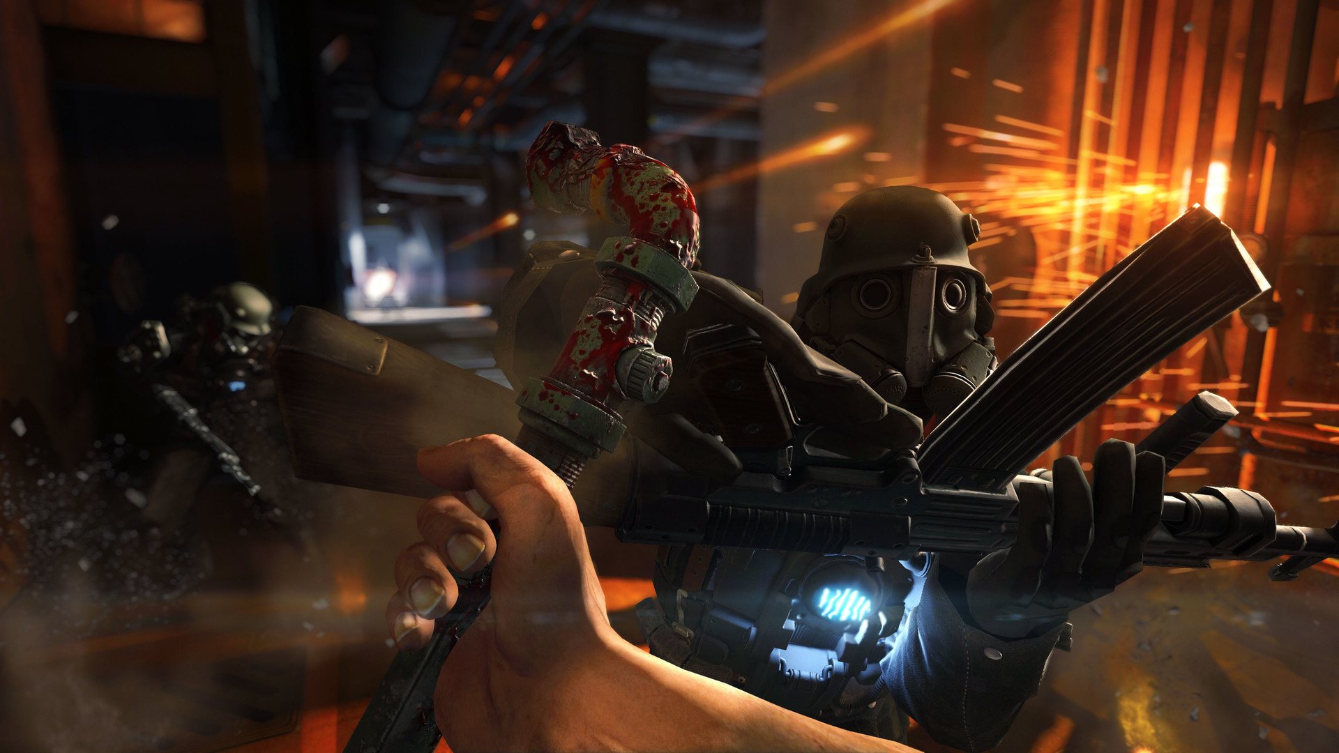 A close-range encounter with soldiers erupts in sparks and gunfire.