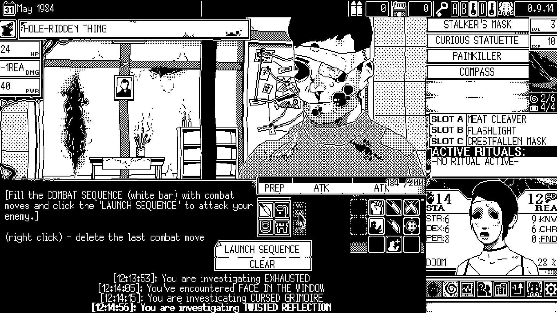 A black-and-white investigation scene fills the game interface.