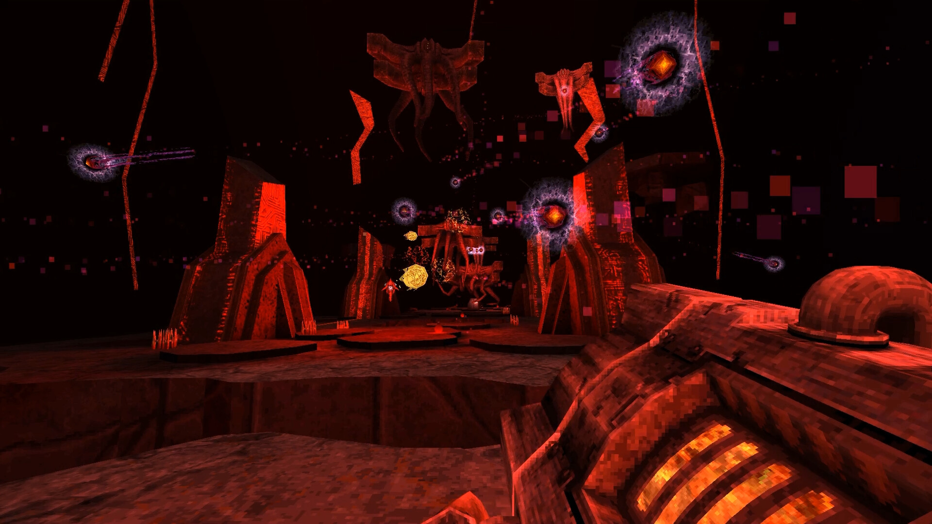 The player battles enemies in a crimson chamber.