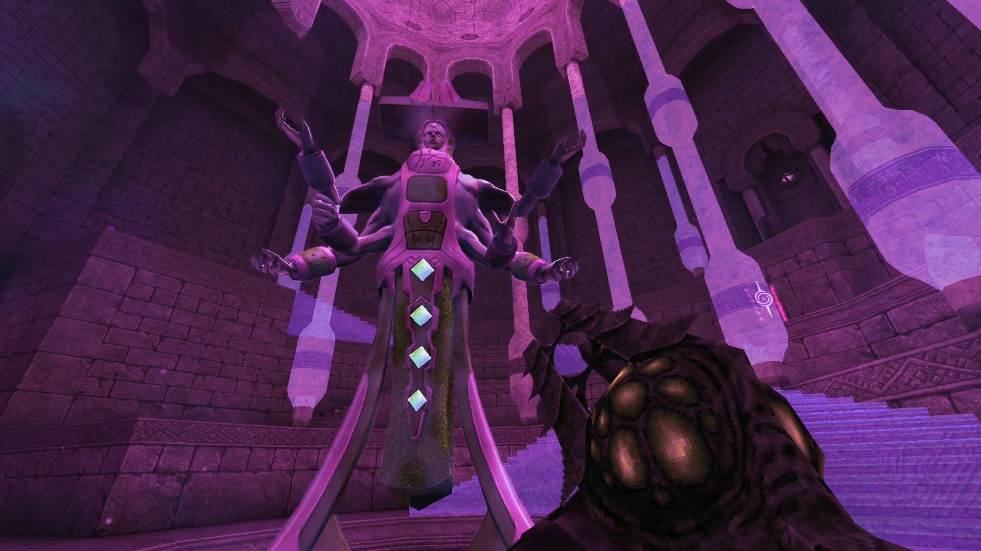 A many-armed figure looms inside a purple stone hall.