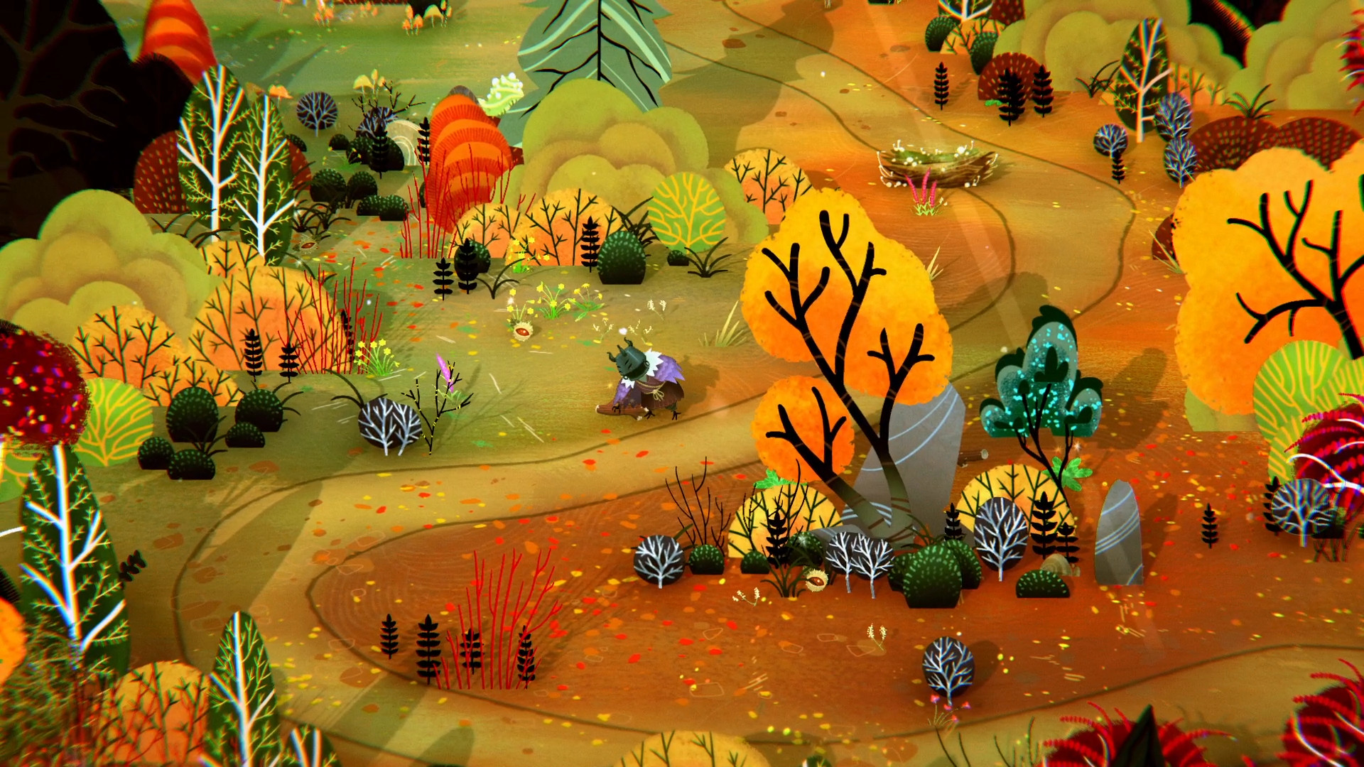 The old witch follows a path through a colourful autumn landscape.