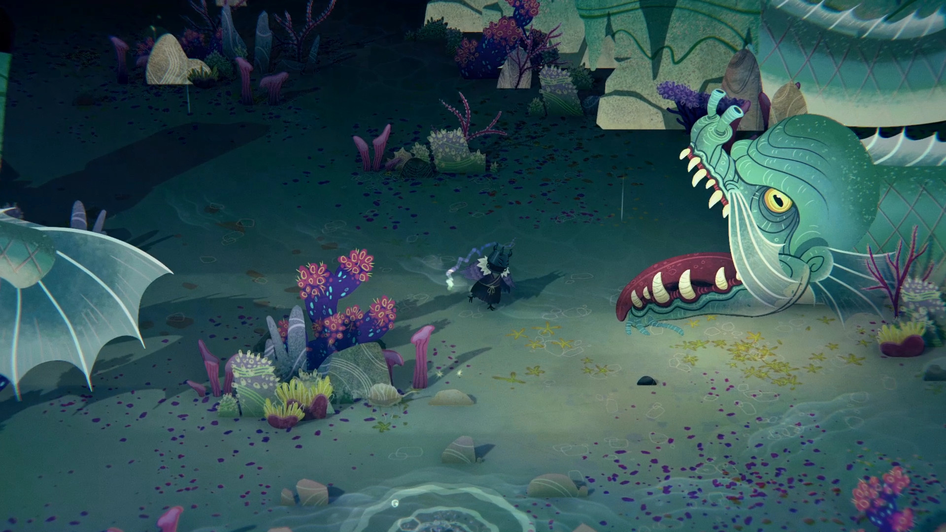 The witch stands near a large creature in a dark, coastal-looking area.
