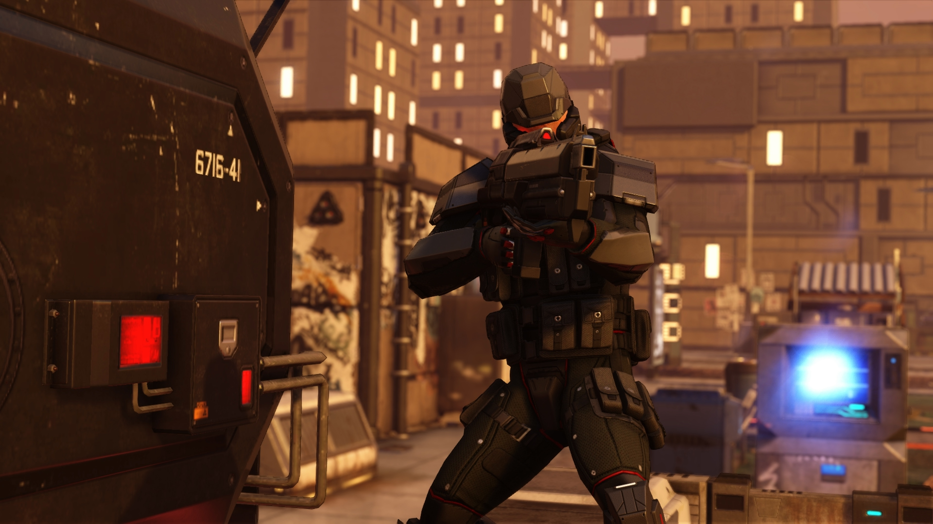 An armored ADVENT soldier guards an alien-controlled city street.