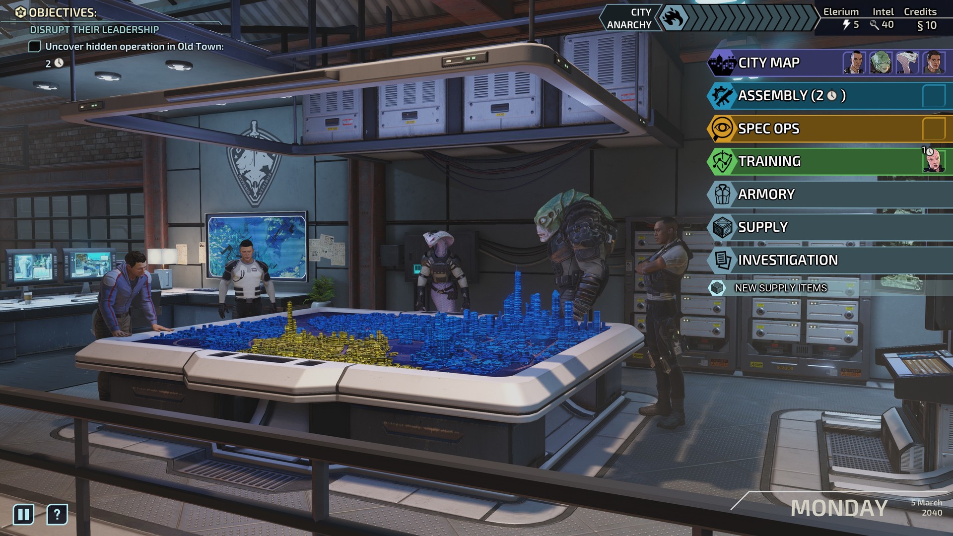 Squad members gather around the City 31 map in headquarters.