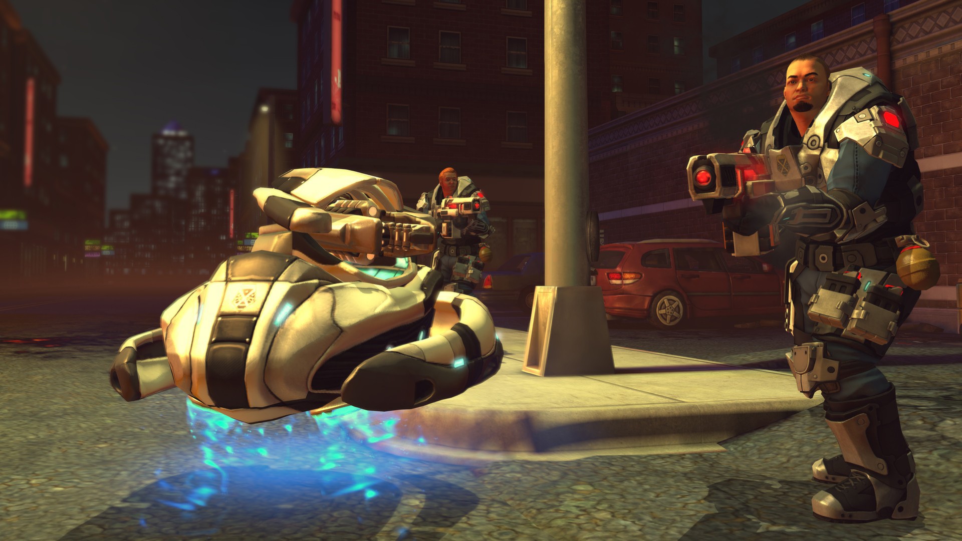 An XCOM soldier approaches a hovering alien machine on a city street.
