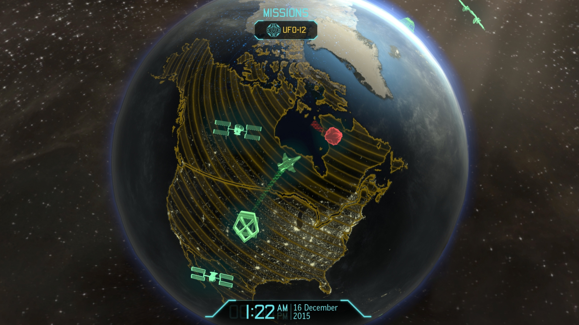 The Geoscape displays an active mission above North America.
