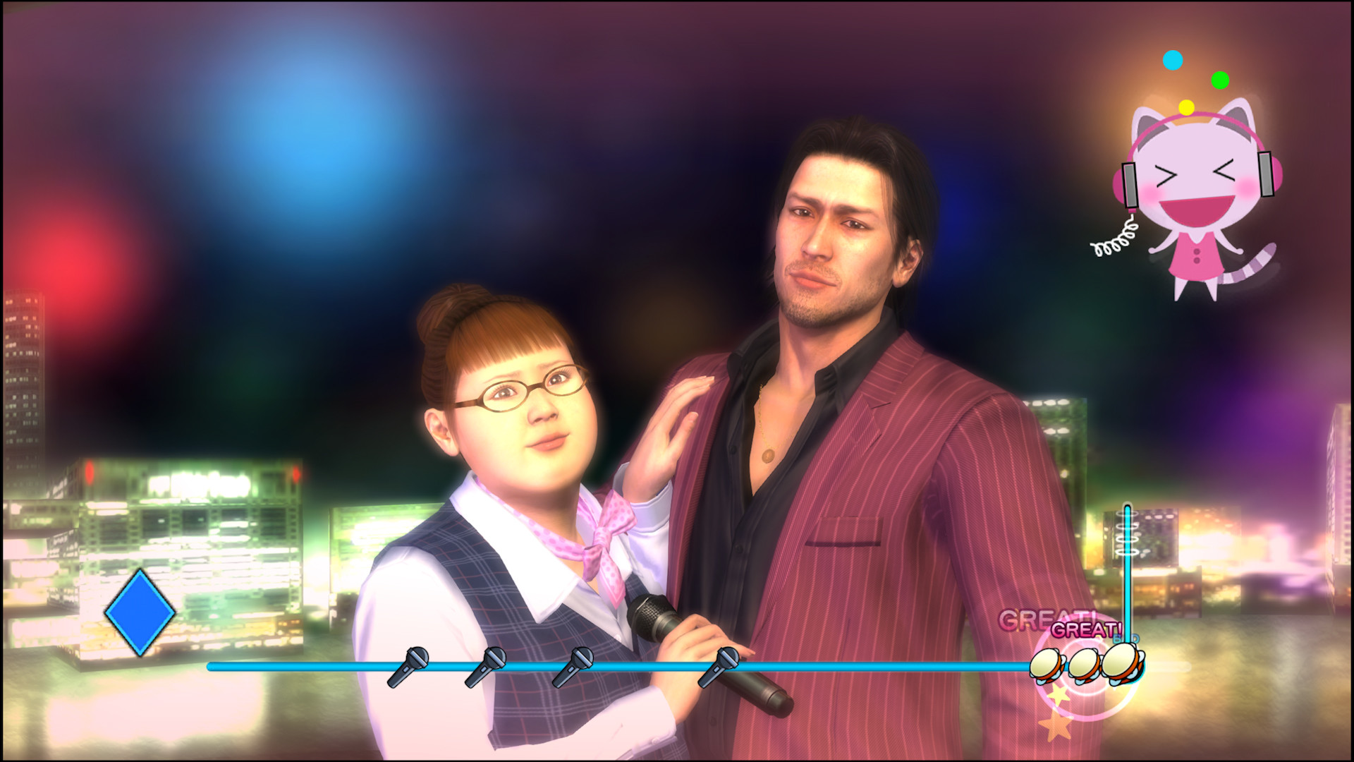 Kiryu and a companion appear during a karaoke song.