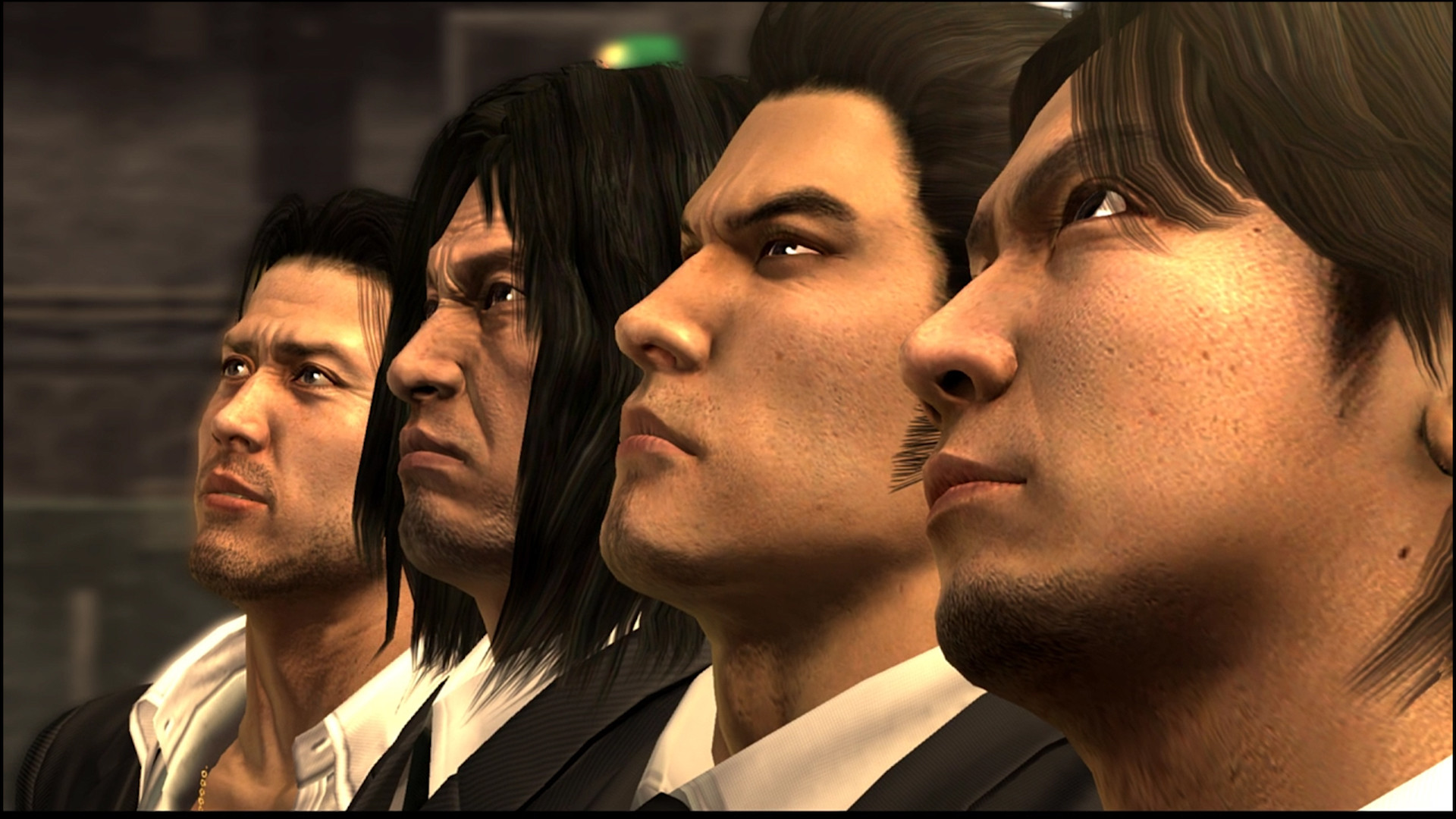 Four men look ahead during a story scene.