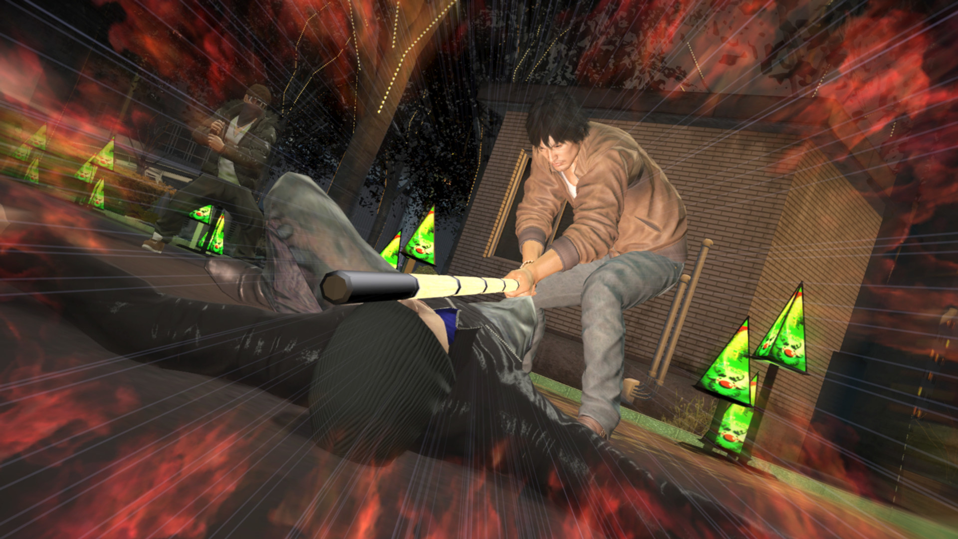 A fighter strikes an opponent during a street brawl.