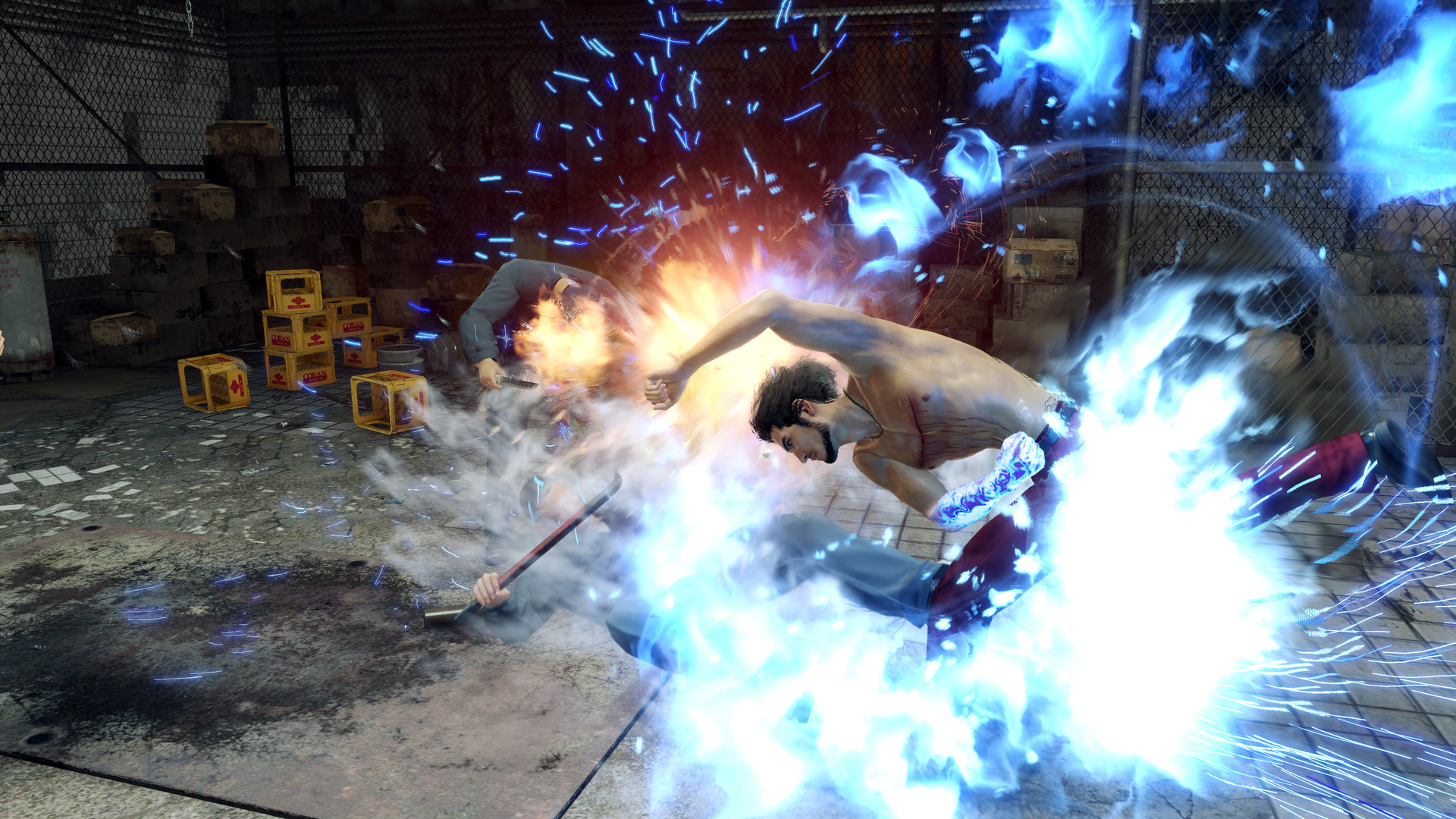A fighter delivers a glowing kick during a battle.