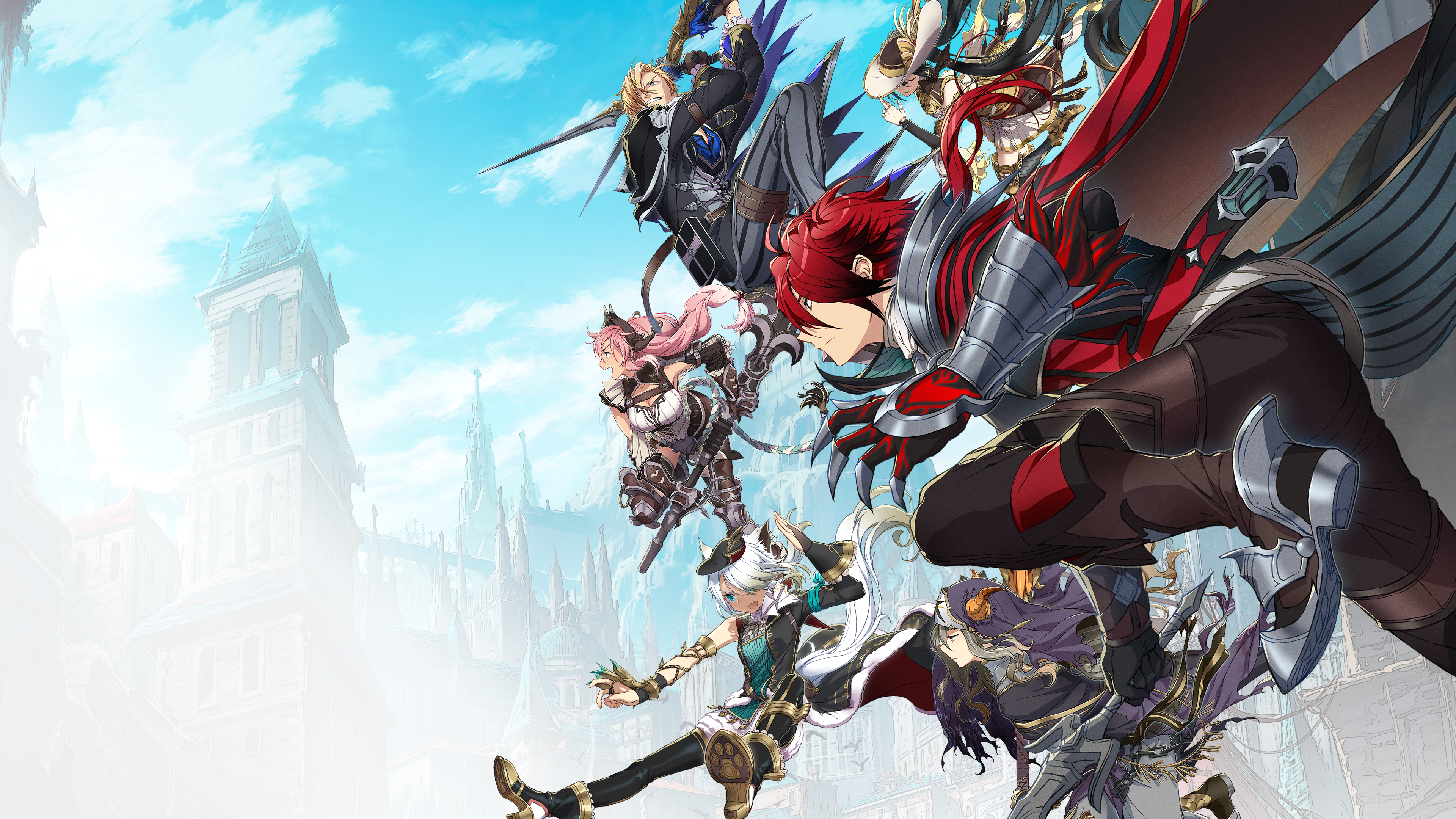 The red-haired Monstrum and other figures move through the sky above Balduq.