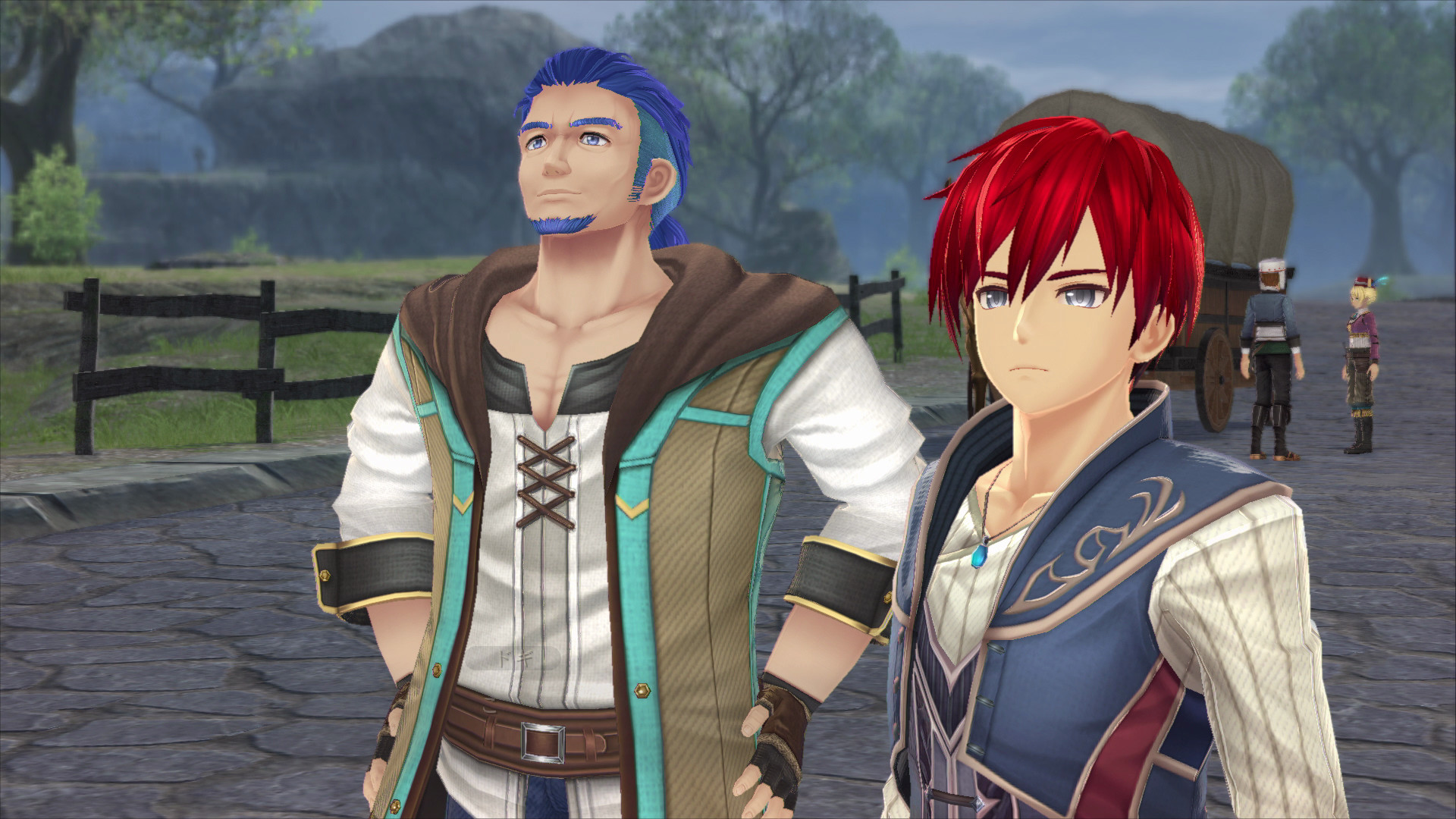 Adol and a companion stand in a rural settlement.