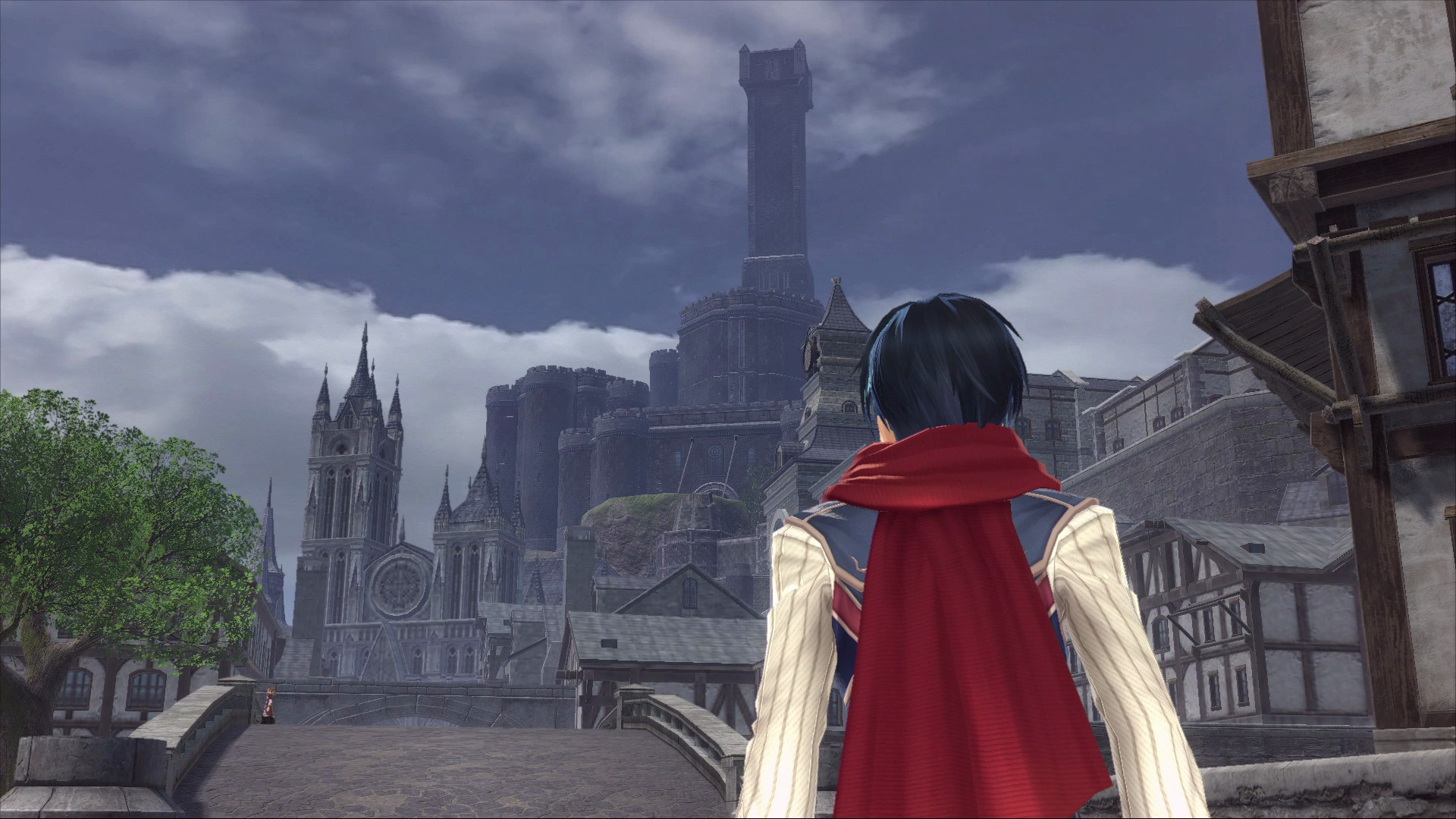 Adol looks toward a walled city beneath a cloudy sky.