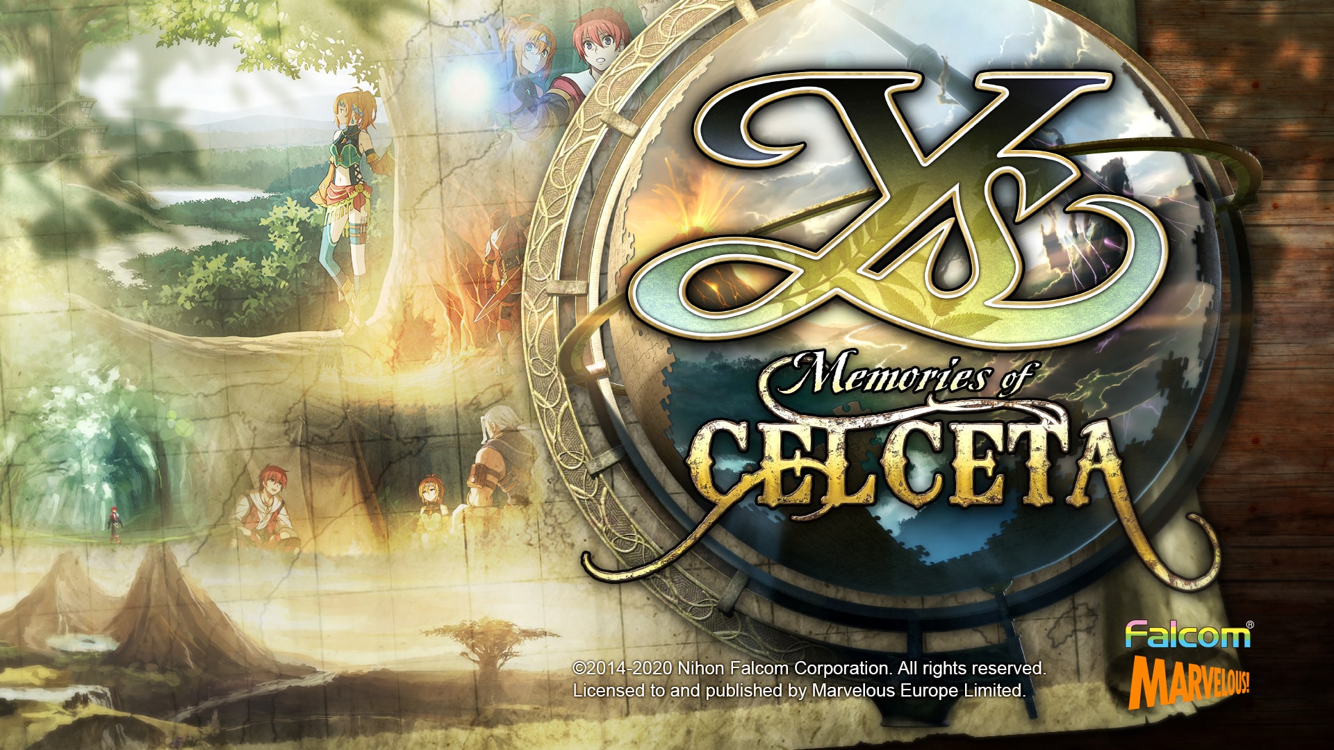 Official Ys: Memories of Celceta art showing Adol and the game title against a forest scene.