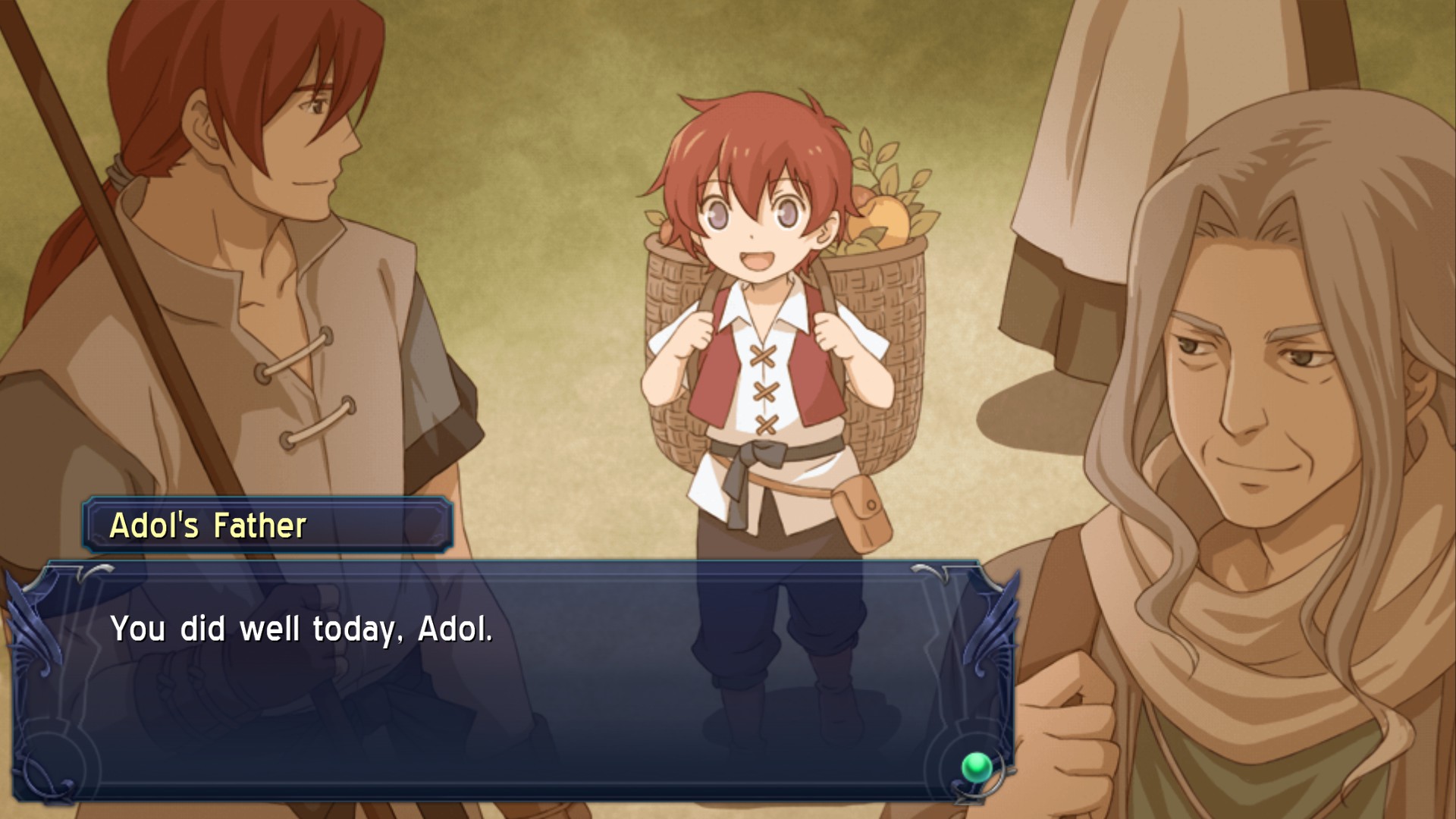 A childhood memory shows Adol beside his father.