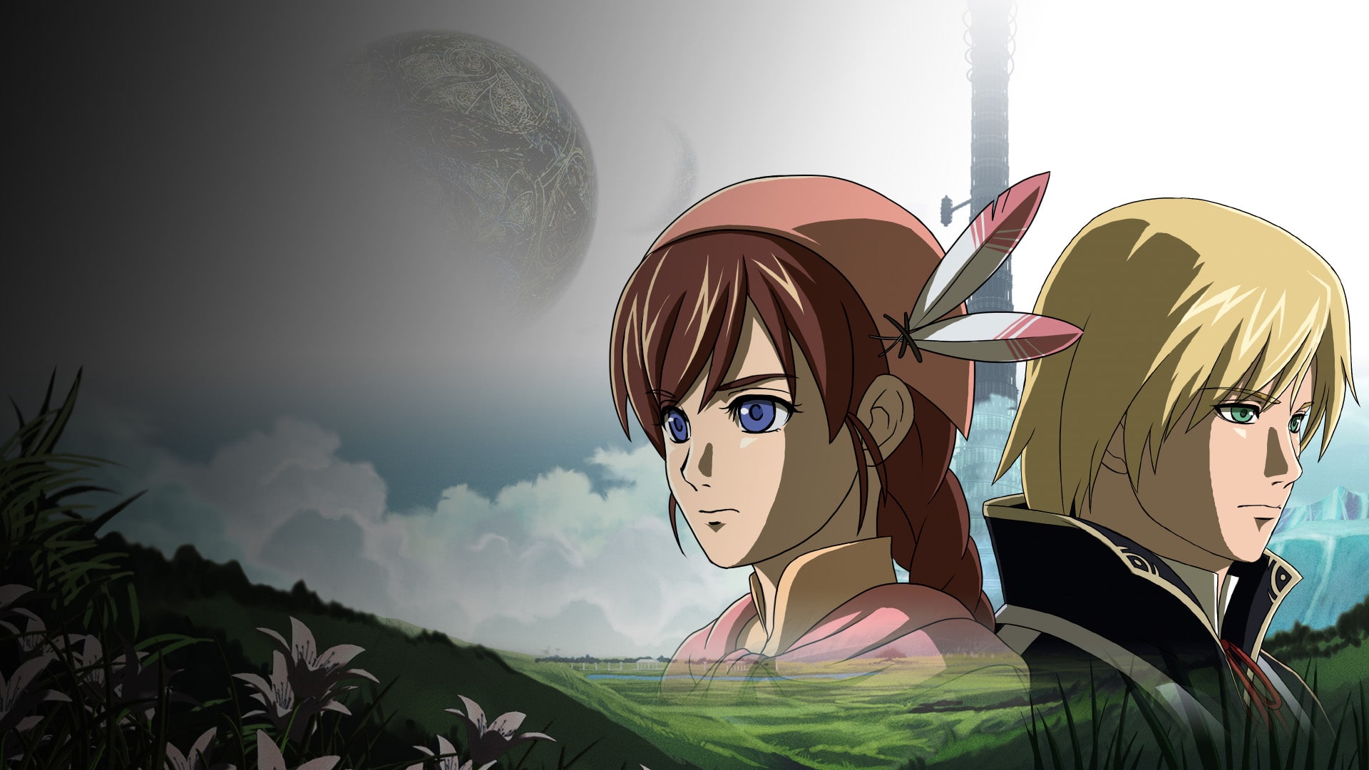 Official Ys Origin art showing Yunica and Hugo against a dark tower landscape.