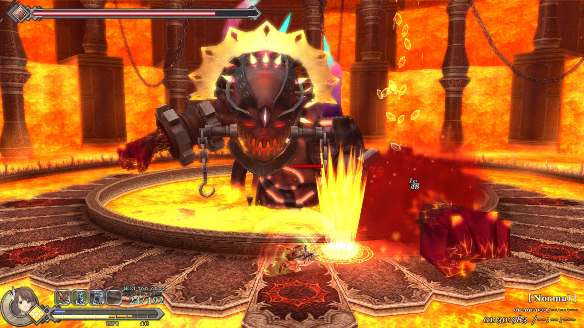 A fighter faces a giant armored boss in a lava-filled arena.
