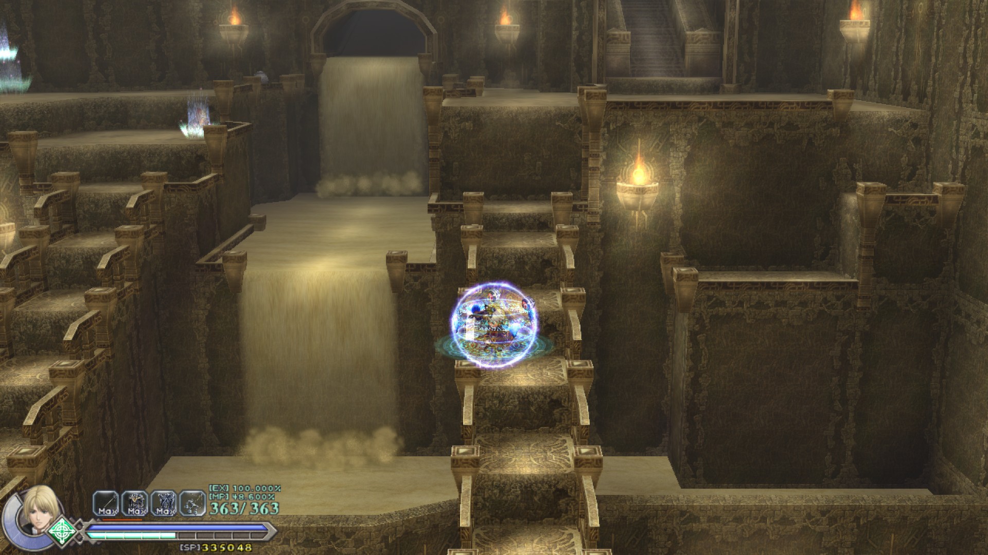 A character crosses raised stone platforms inside the tower.
