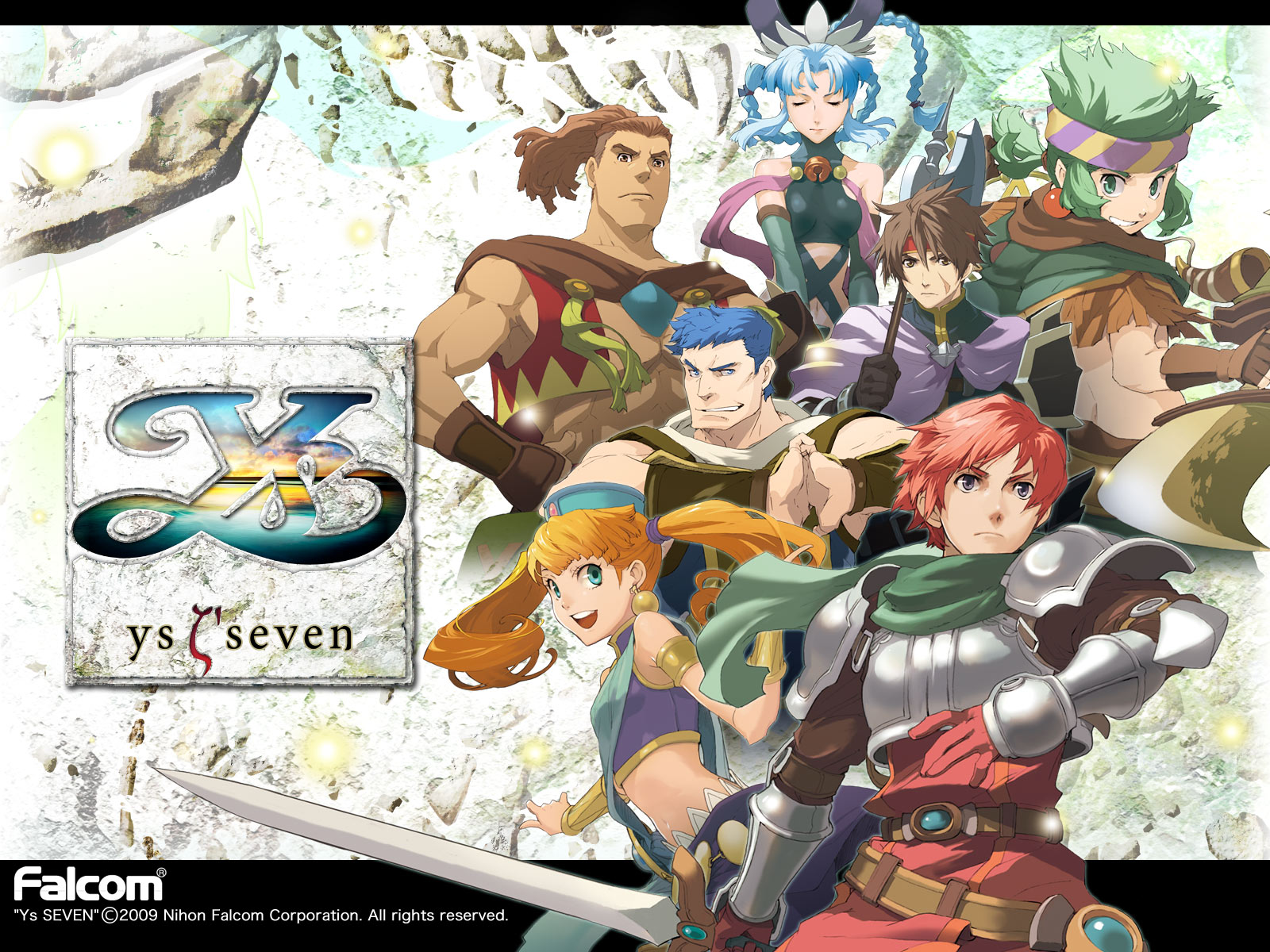 Ys SEVEN artwork showing Adol in the foreground with his traveling party and the game logo.