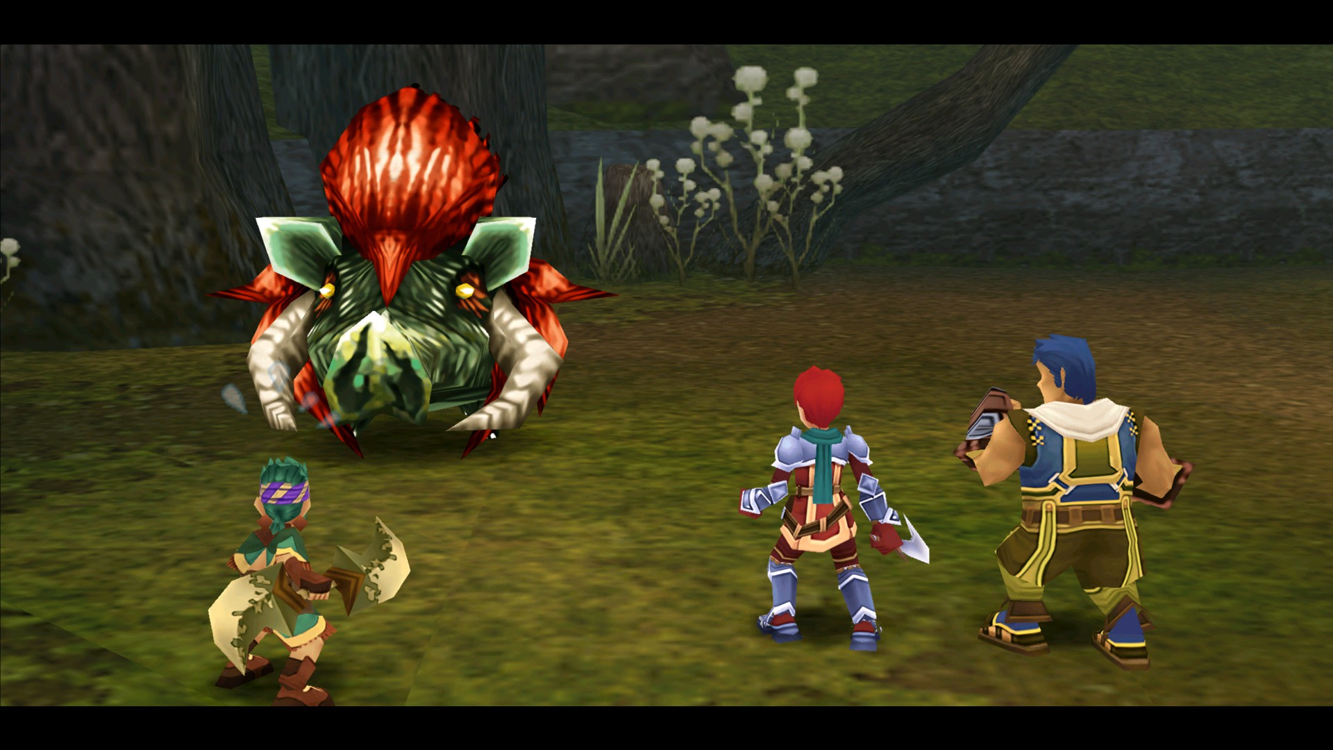 Adol and allies face a creature in a forest clearing.