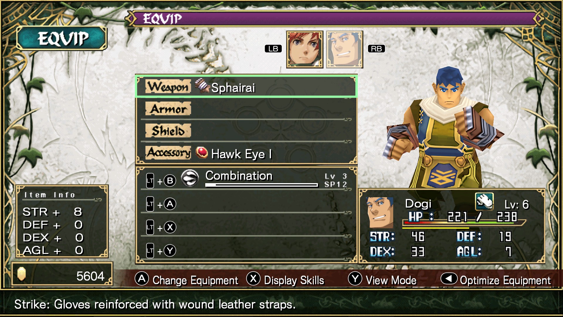 The equipment menu shows Dogi’s weapons, armor and accessories.