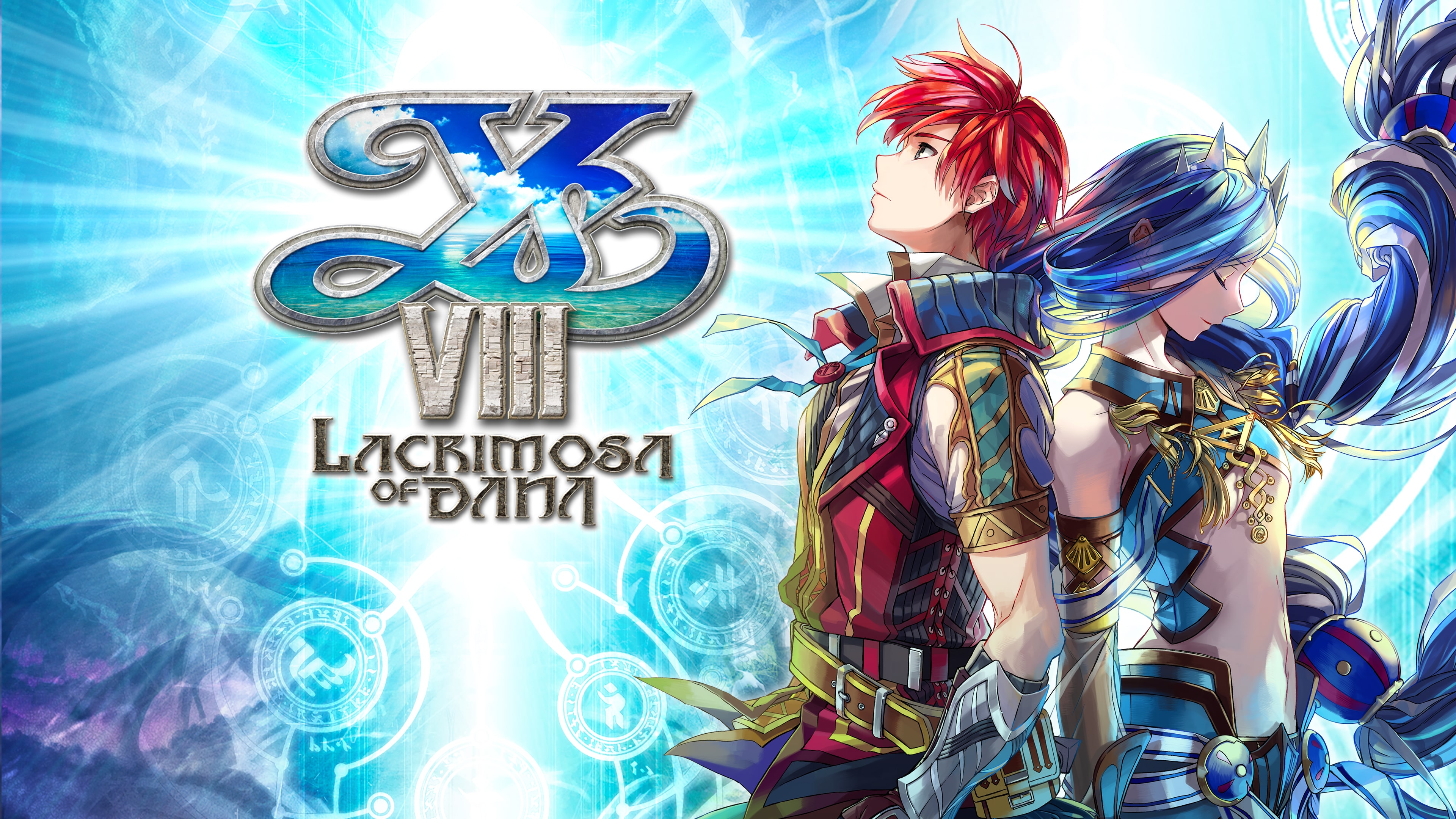 Official Ys VIII key art with Adol and the Lacrimosa of DANA logo against a blue background.