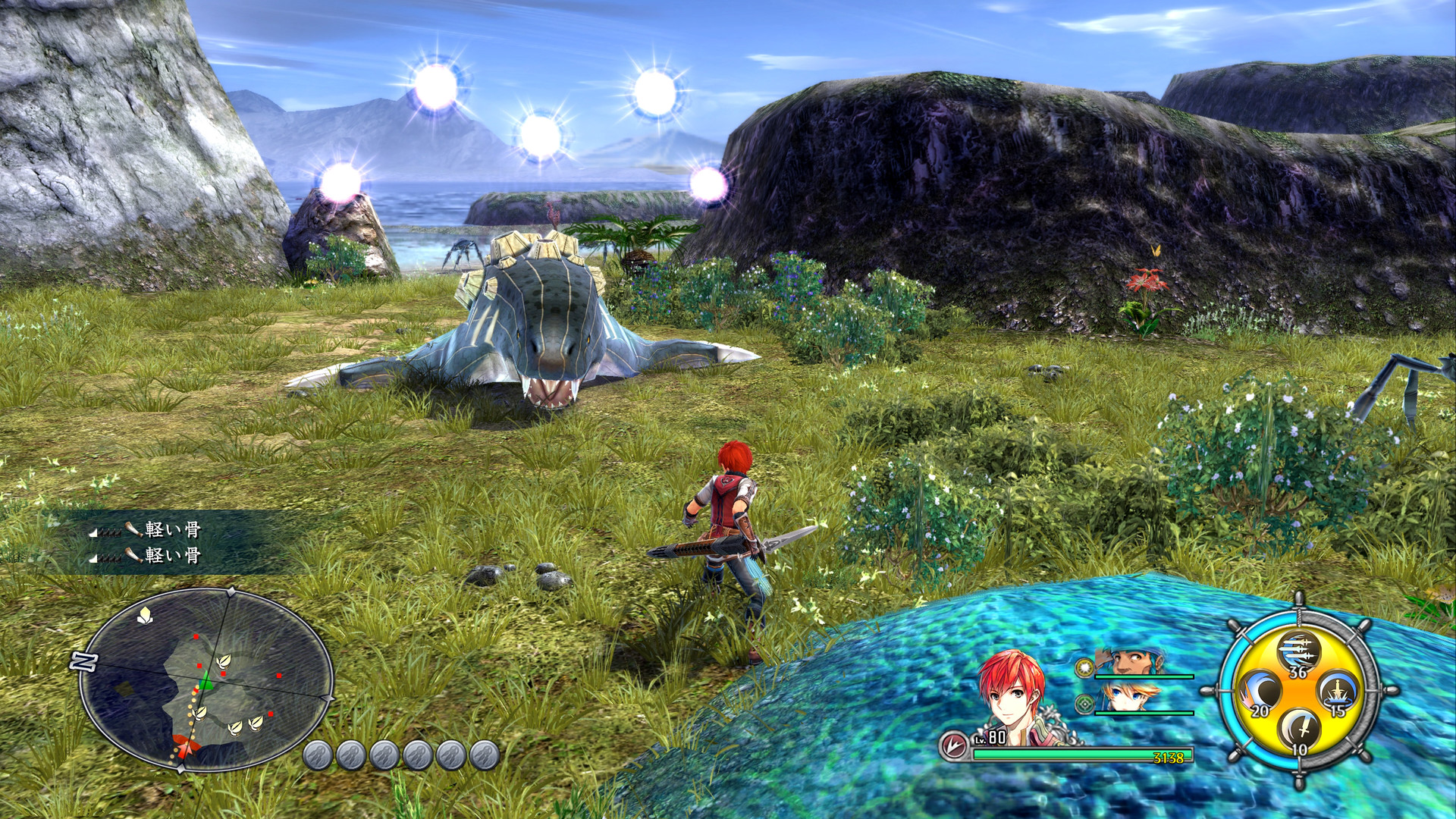 Adol faces a large fish-like creature on a grassy coast.