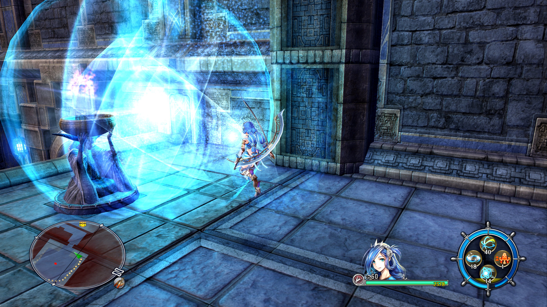 A blue-haired fighter approaches a glowing monument in stone ruins.