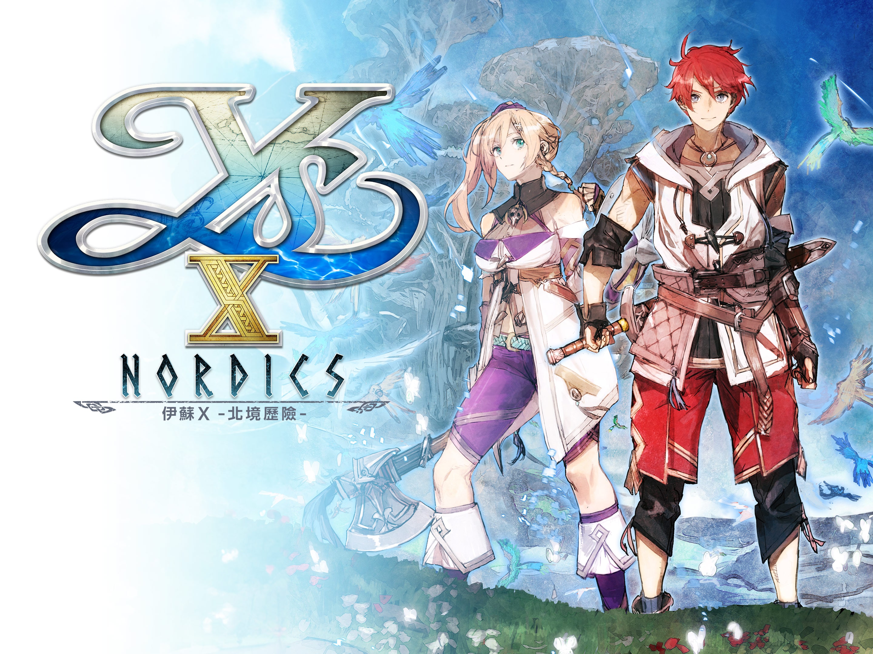 Adol and Karja beside the Ys X: Nordics title and sea imagery.