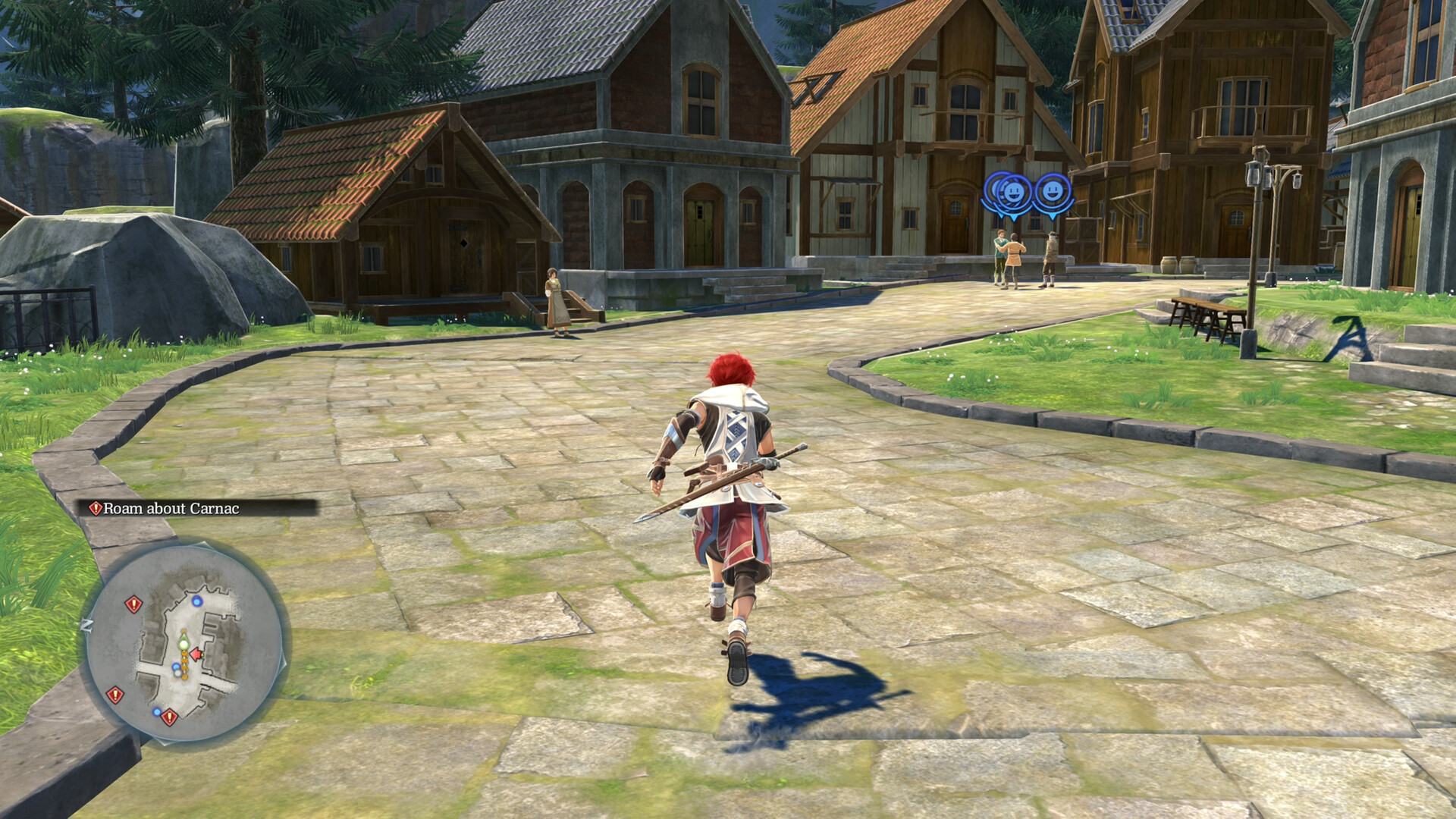 Adol runs through a coastal settlement.