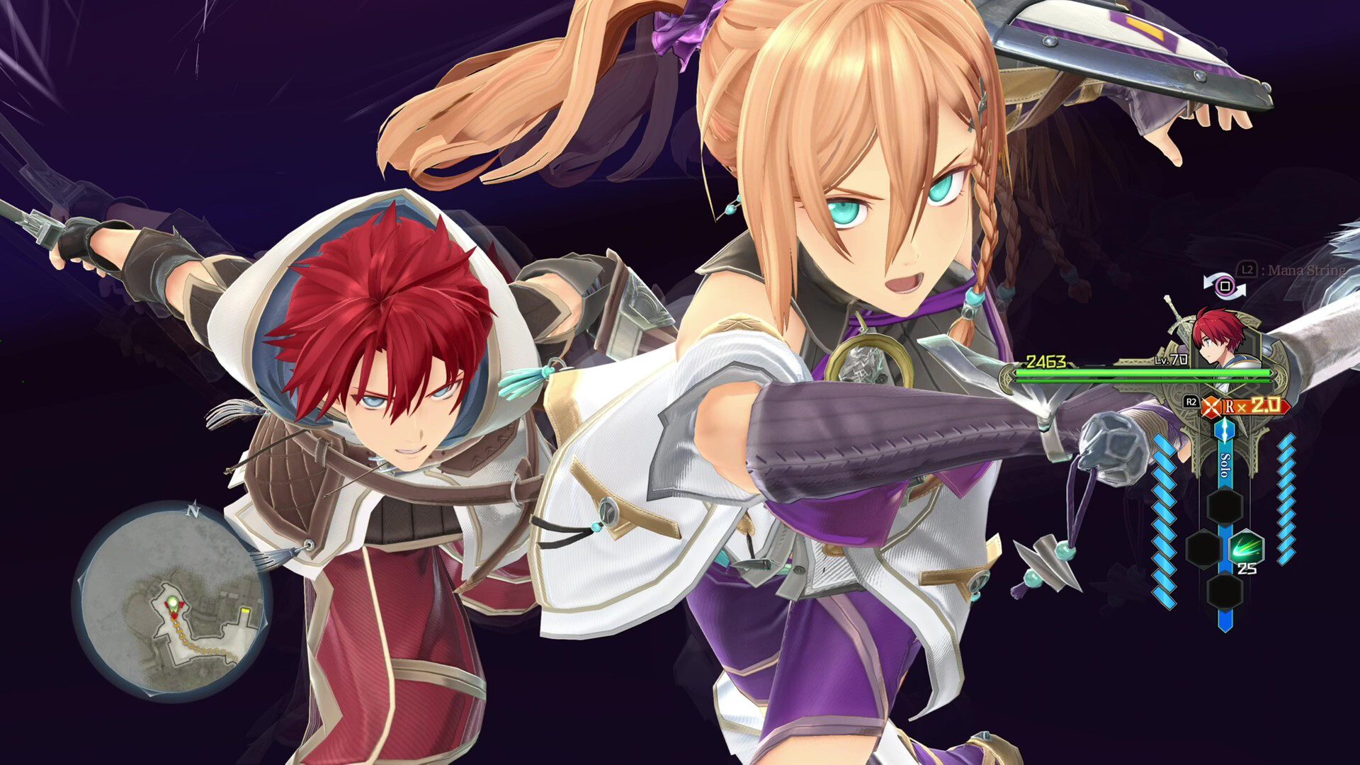Adol and Karja appear together during a combat move.