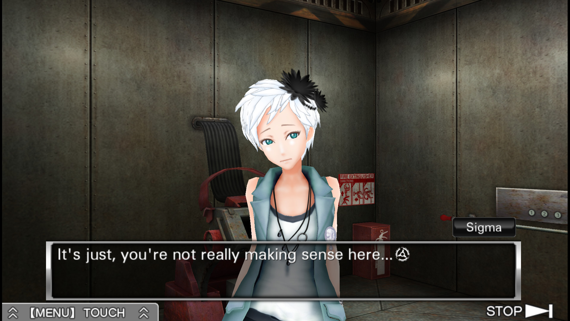 Phi questions Sigma inside Virtue’s Last Reward’s facility.