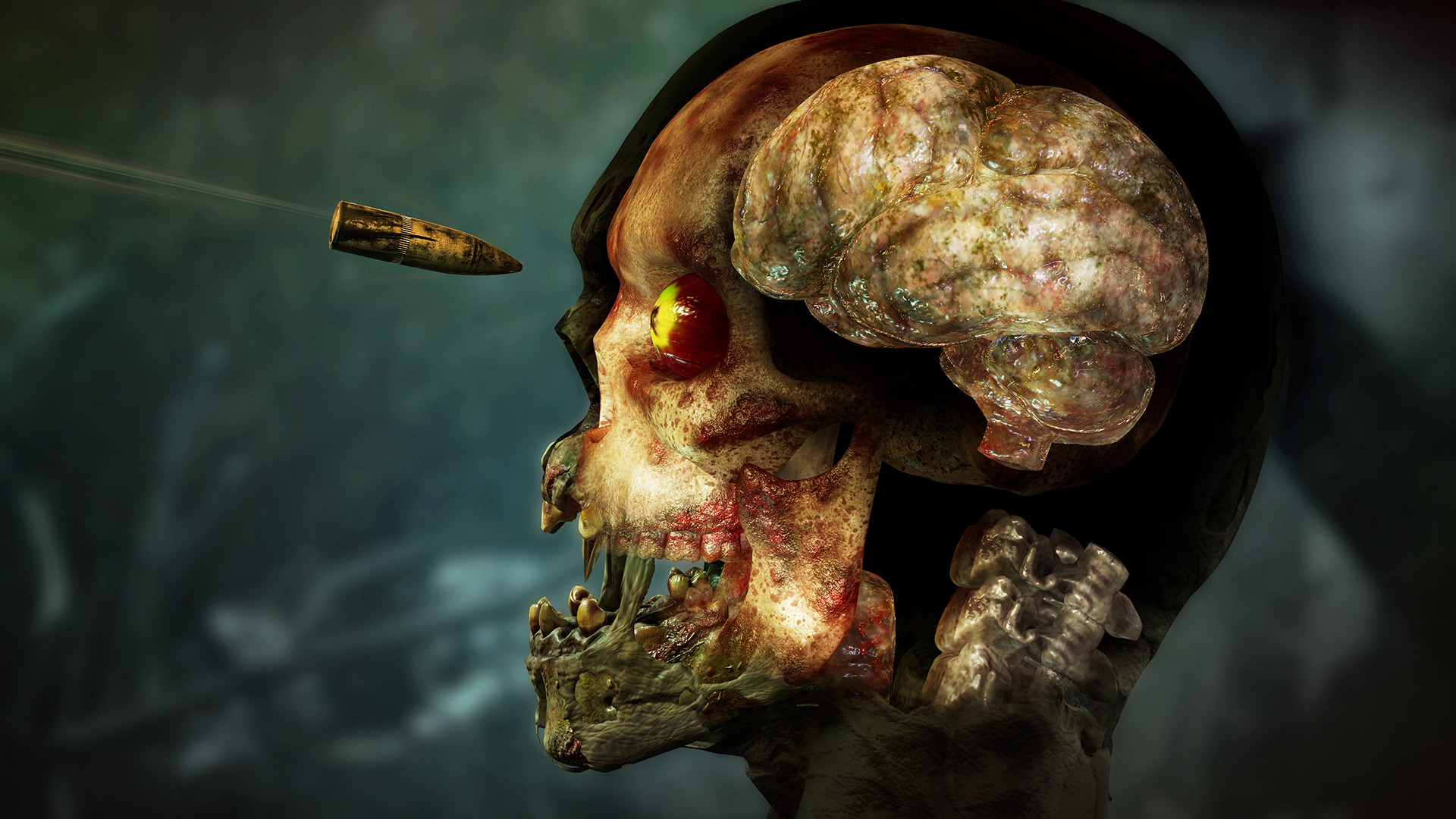 An X-ray view shows a bullet striking an undead skull.