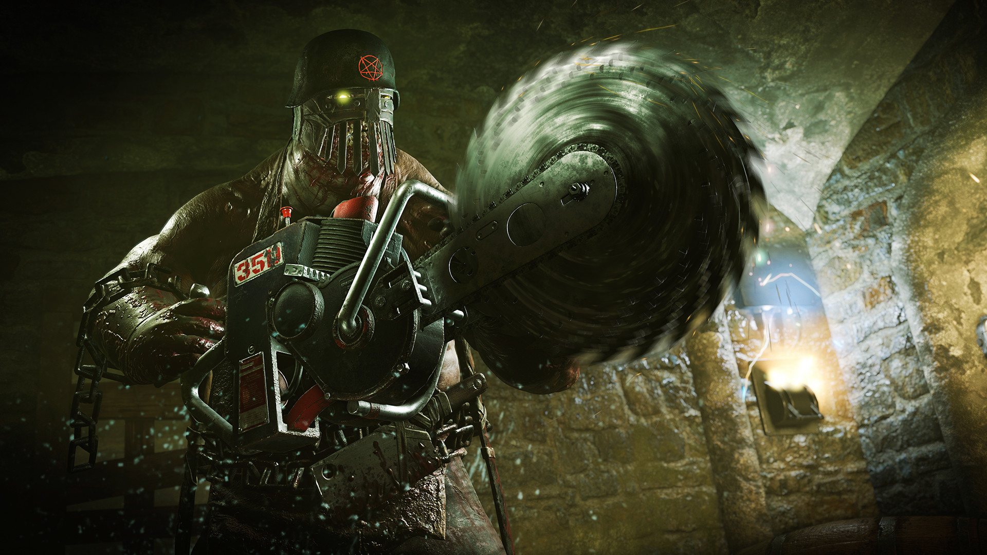 A heavily armed undead soldier carries a large weapon in a stone passage.