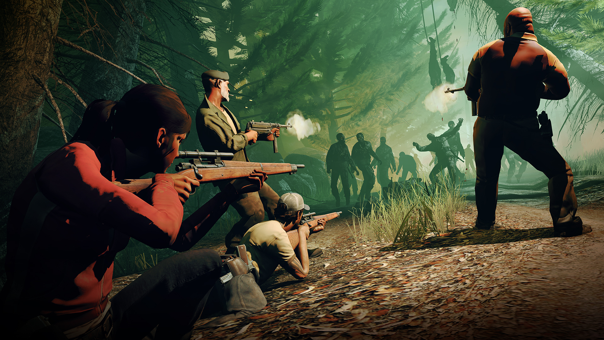 Survivors aim at advancing undead in a wooded area.