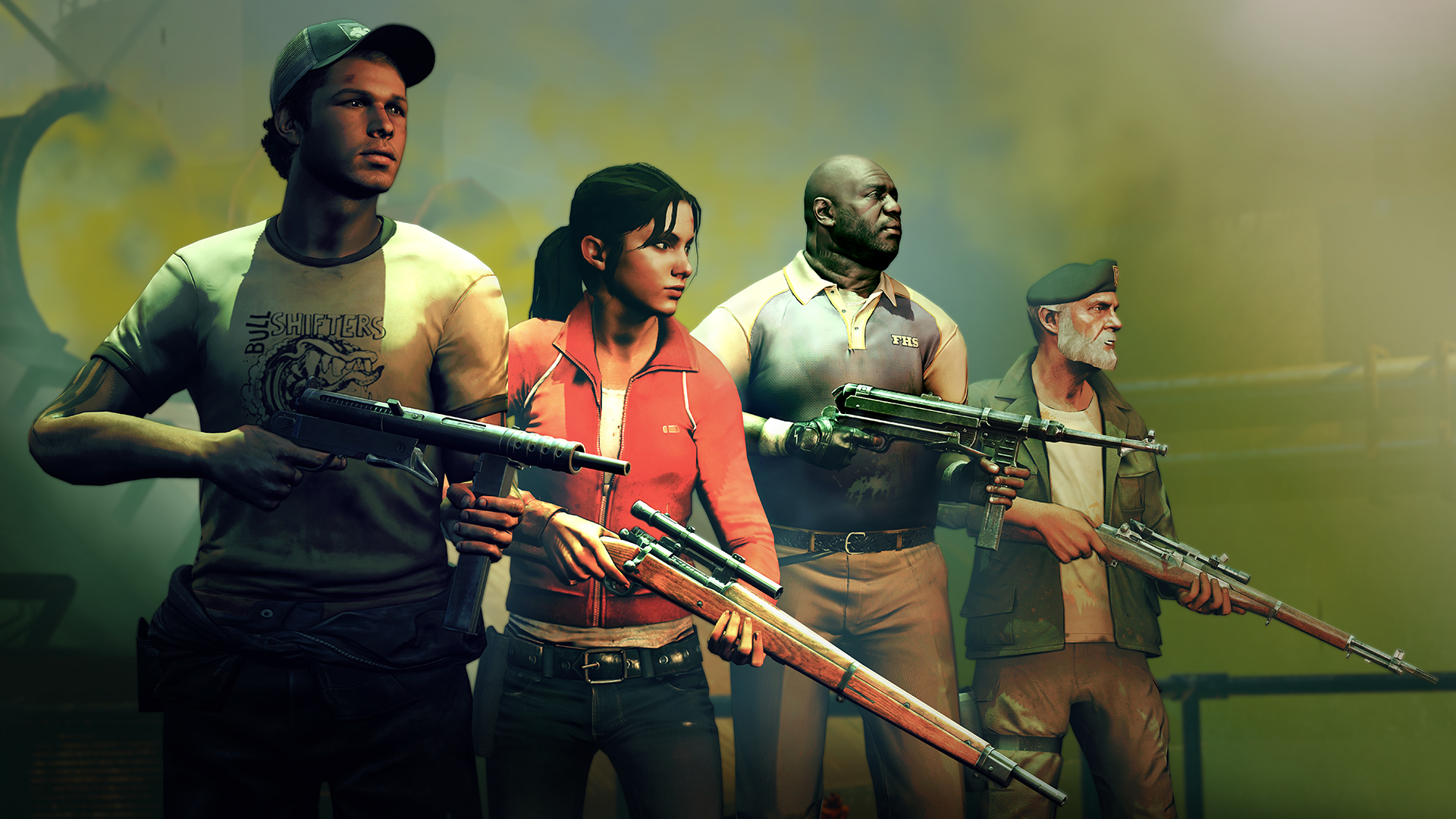 Four armed survivors stand together against a green haze.