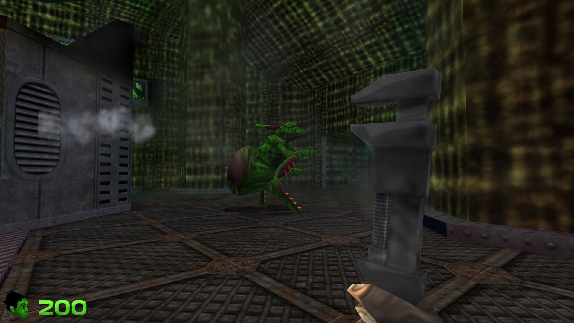 A green creature stands inside a dark industrial corridor.