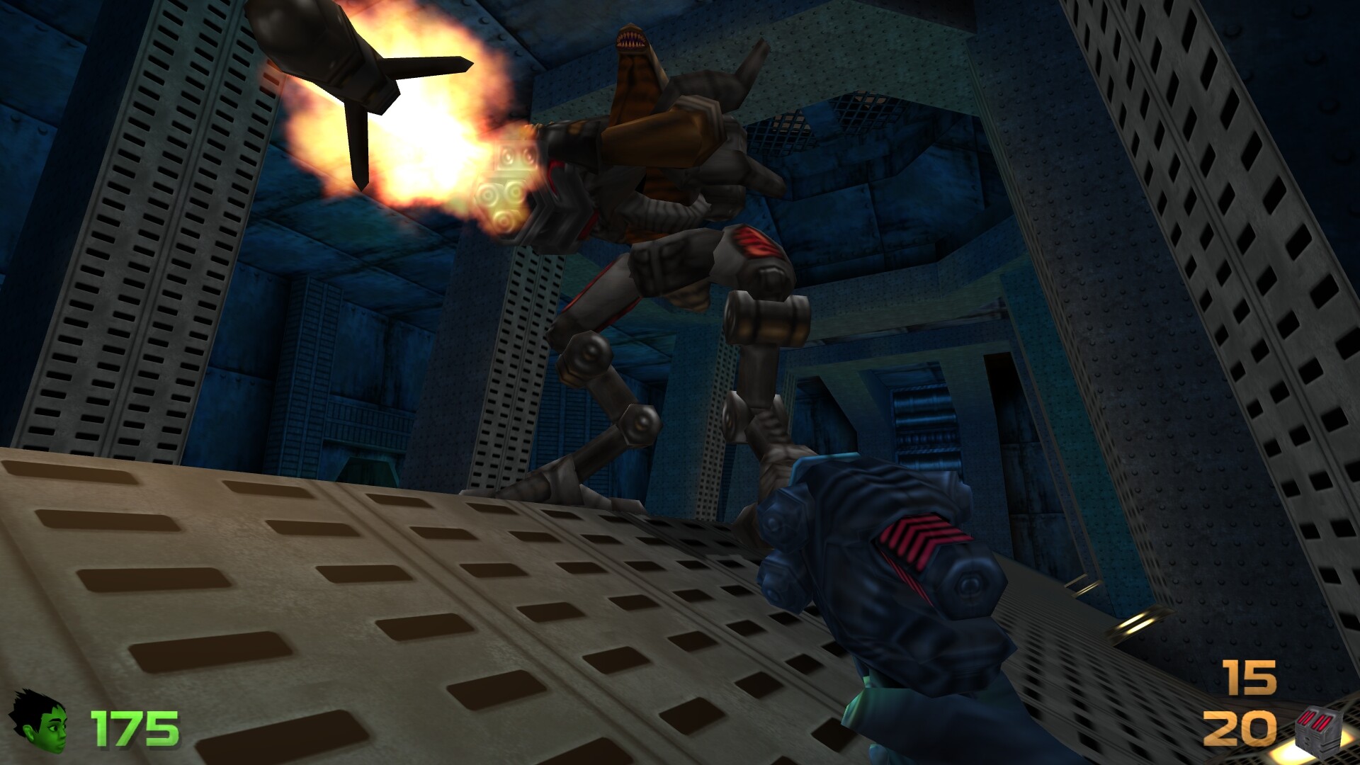 The player shoots toward a large creature inside a metal chamber.